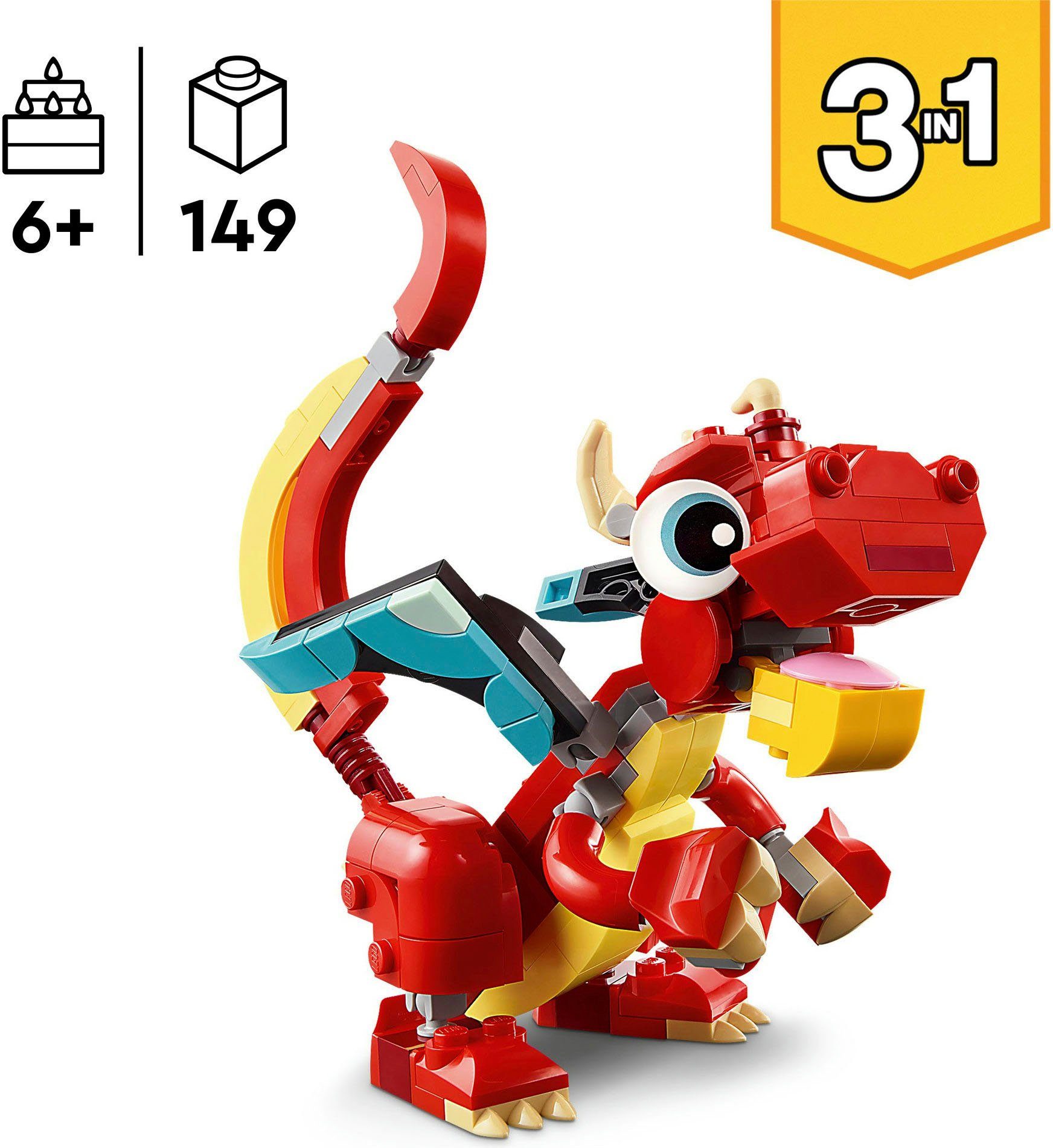 LEGO® Roter Drache (31145), LEGO Creator 3in1 Konstruktionsspielsteine, (149 St), Made in Europe