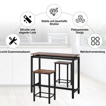 SOFTWEARY Bartisch mit 2 Barhockern, Stehtisch mit Fußablage, 100/40/90 cm (3-St), Esstisch-Set, Küchentisch