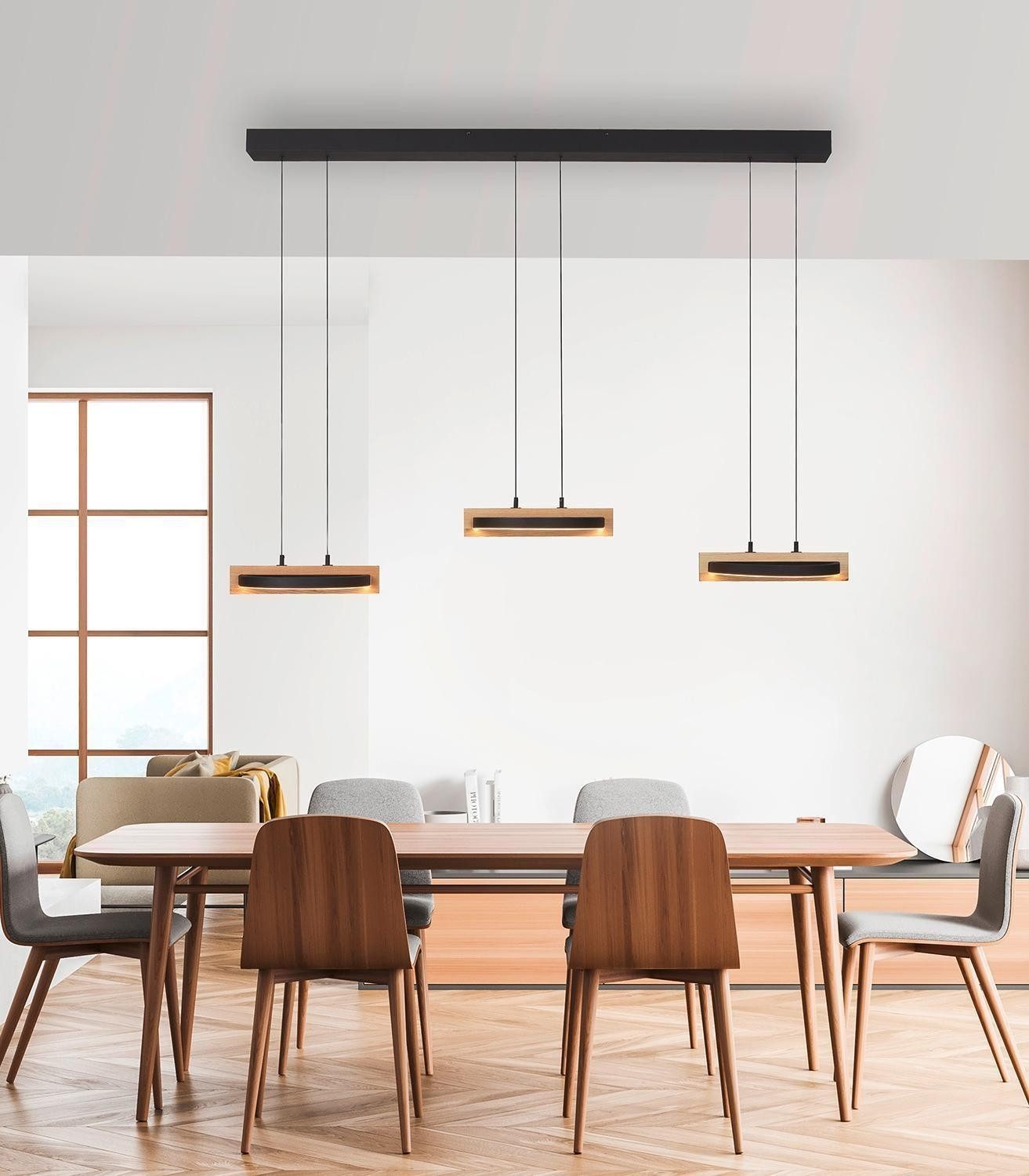 MONDO LED Pendelleuchte FAMERA, 6-flammig, Braun, Schwarz, Eichenholz, Anpassung der Farbtemperatur, Dimmfunktion, LED fest integriert, Metall, Höhenverstellbar, mit Fernbedienung, 135 x 200 cm