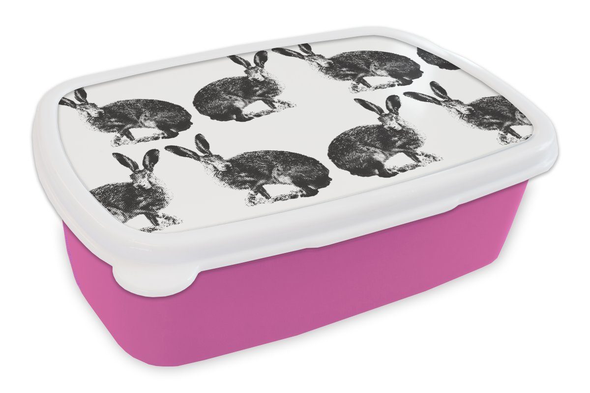 MuchoWow Lunchbox Jahrgang - Design - Kaninchen - Tiere, Kunststoff, (2-tlg), Brotbox für Erwachsene, Brotdose Kinder, Snackbox, Mädchen, Kunststoff rosa
