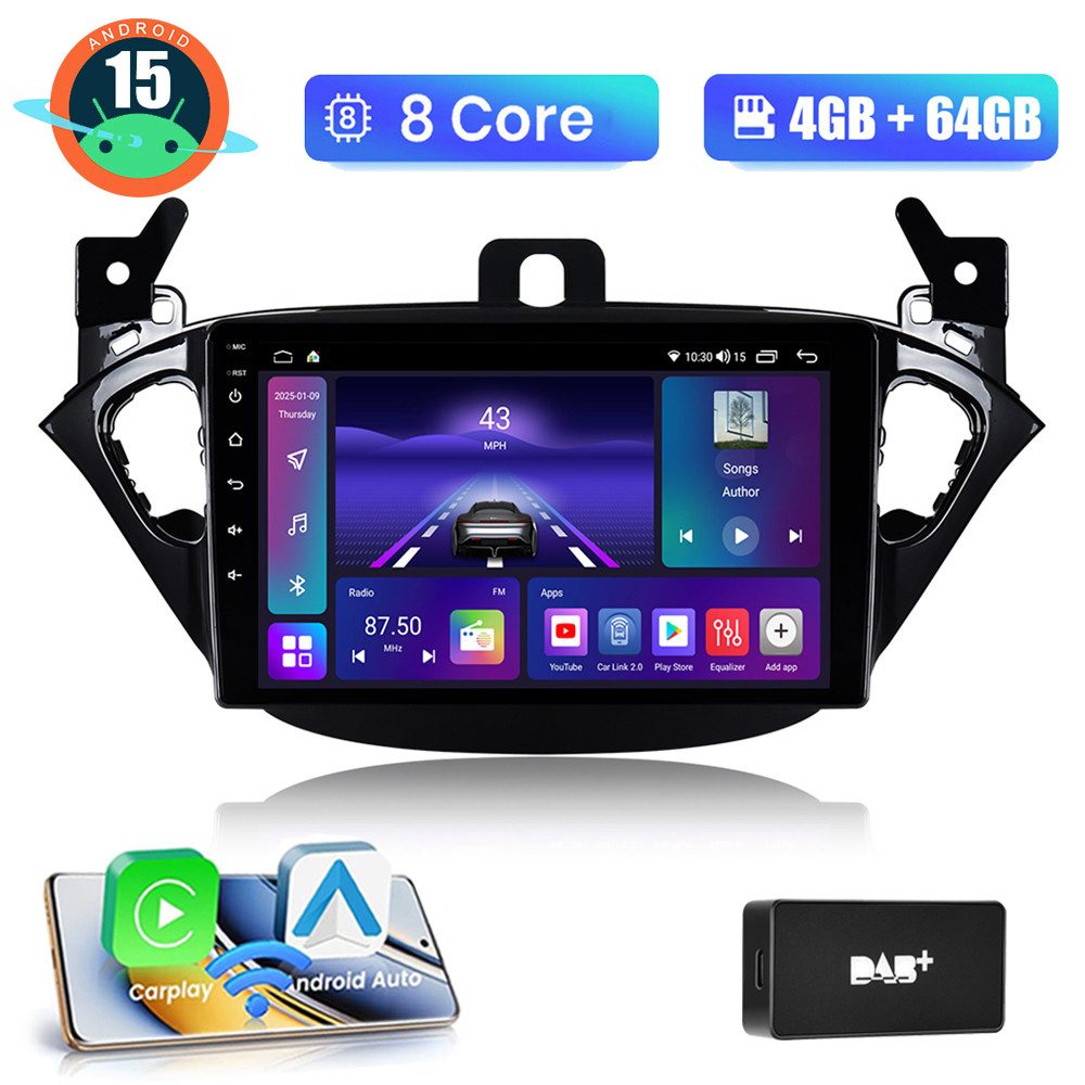 A-Sure DAB+ CarPlay GPS WIFI Android 15 Für Opel Corsa E 2015-2019 Adam Autoradio (Digitalradio (DAB), FM, Carplay Android Auto Bluetooth EQ USB GPS Navi WIFI Touchscreen)