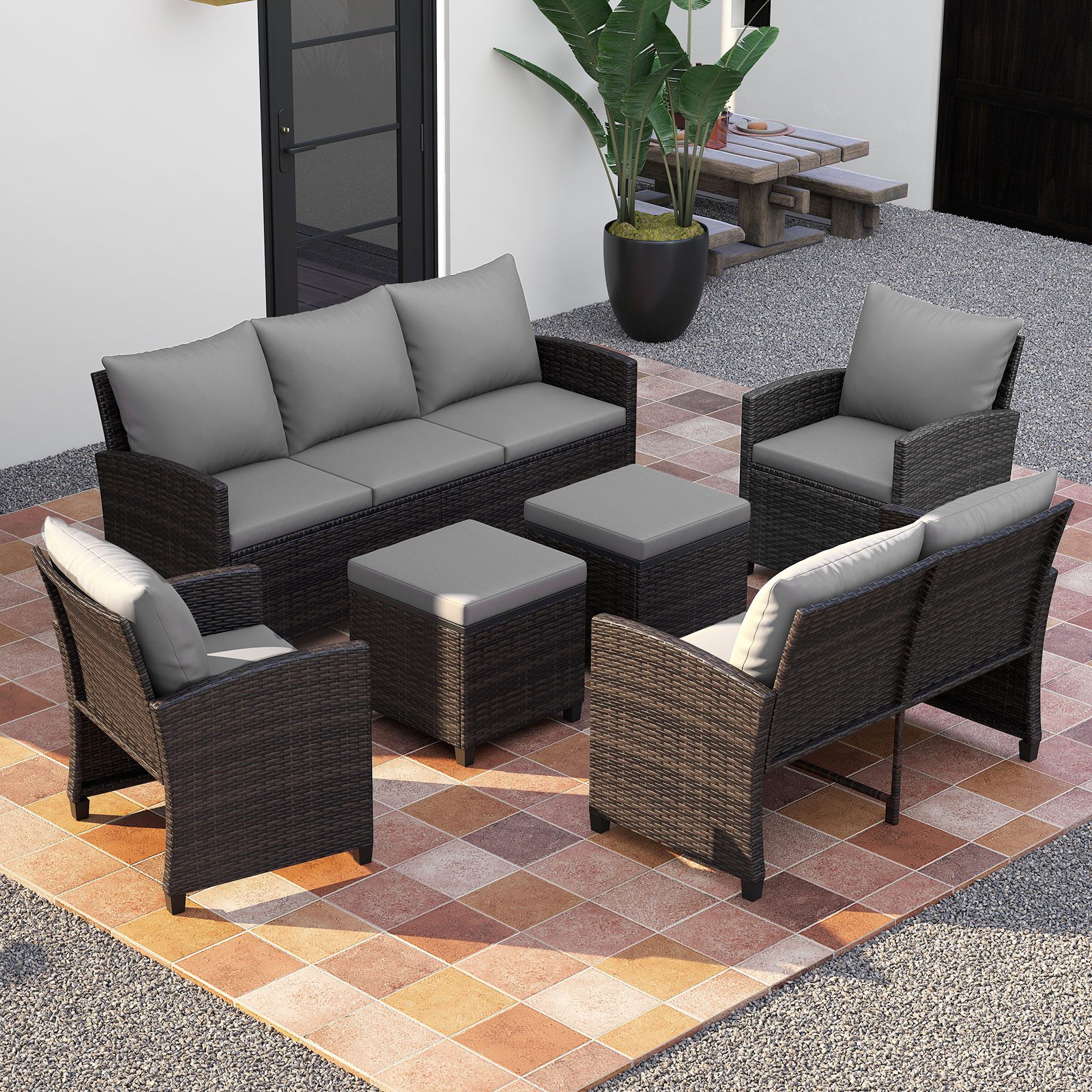 COSTWAY Gartenlounge-Set, (6-tlg), Rattan-Gartenmöbel für 7 Personen mit Kissen