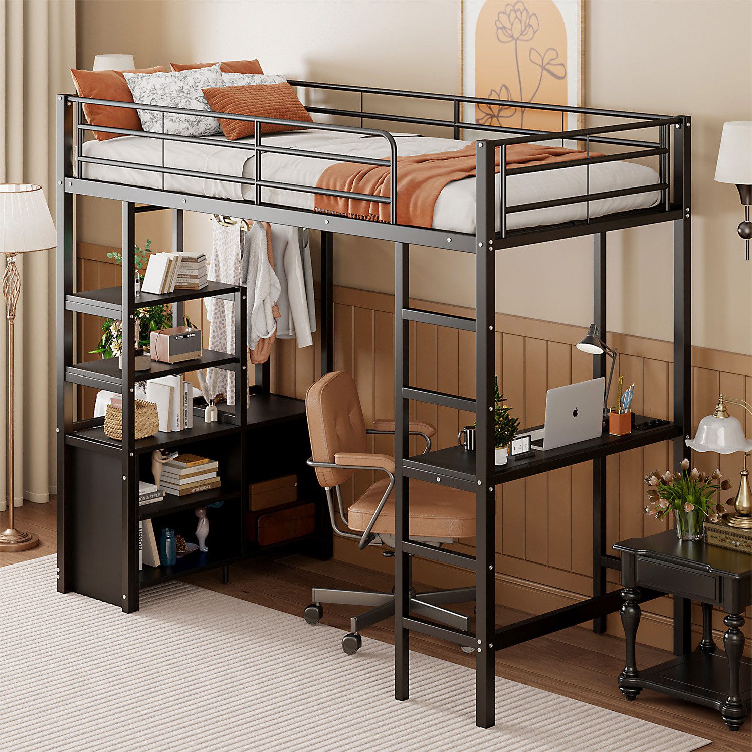 autolock Hochbett Hochbett, 90*200cm, Mit Steckdose und USB,Offener Lagerschrank