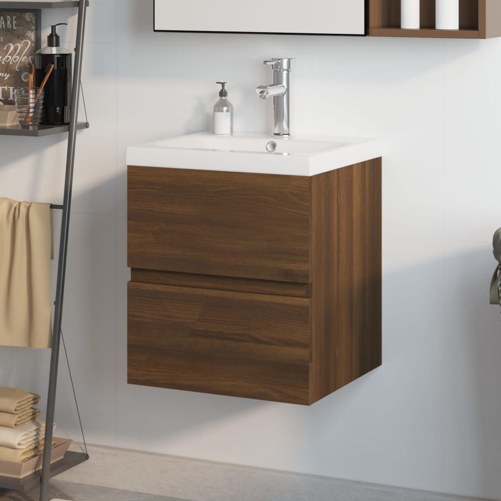 vidaXL Badezimmerspiegelschrank Waschbeckenschrank mit Einbaubecken Braun Eiche Holzwerkstoff (1-St) Braune Eiche