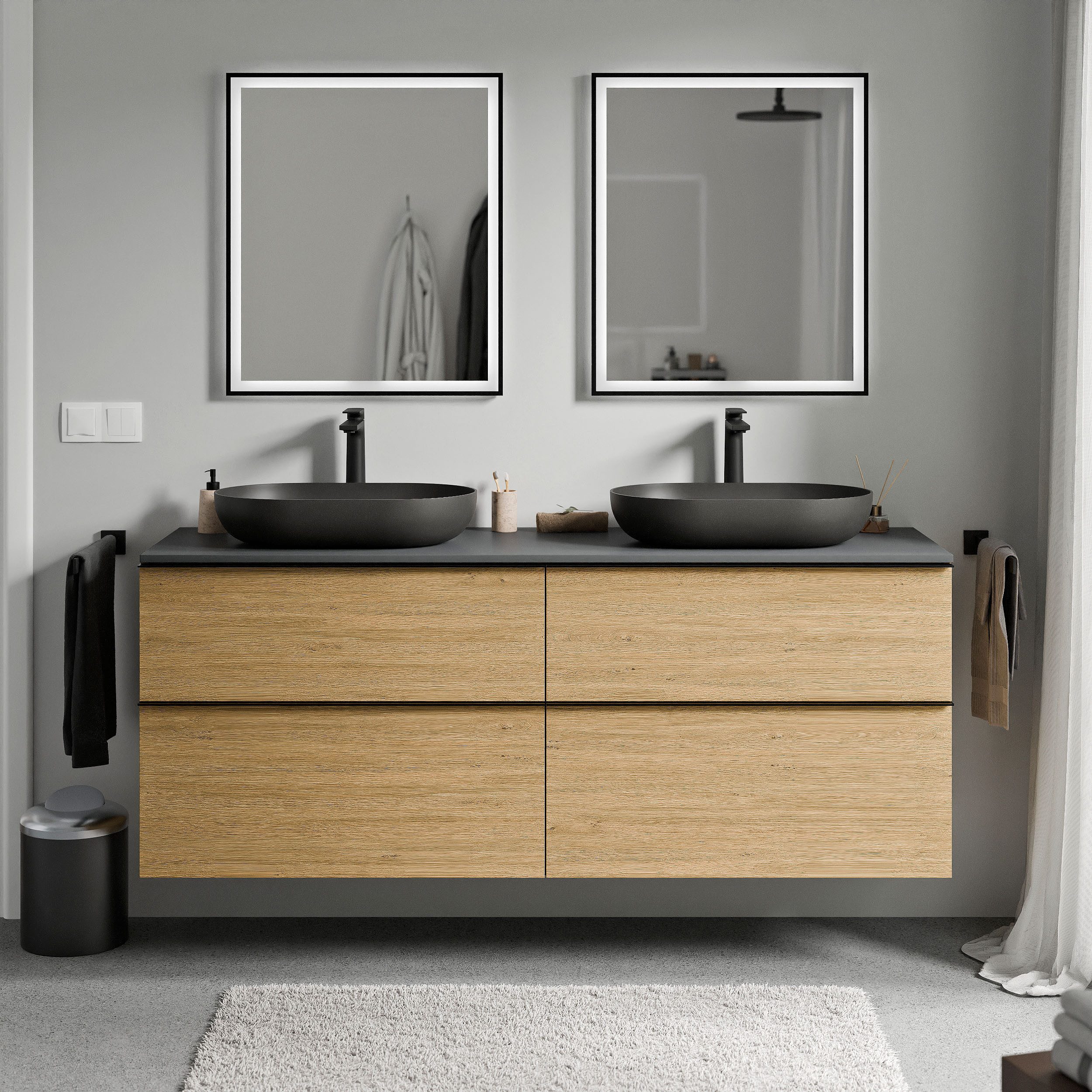 Bernstein Waschbeckenunterschrank LAVOA 160cm Eiche honiggold PLATTE Anthrazit matt GRIFF Anthrazit matt Waschtischunterschrank mit Waschtischplatte 4 Schubladen
