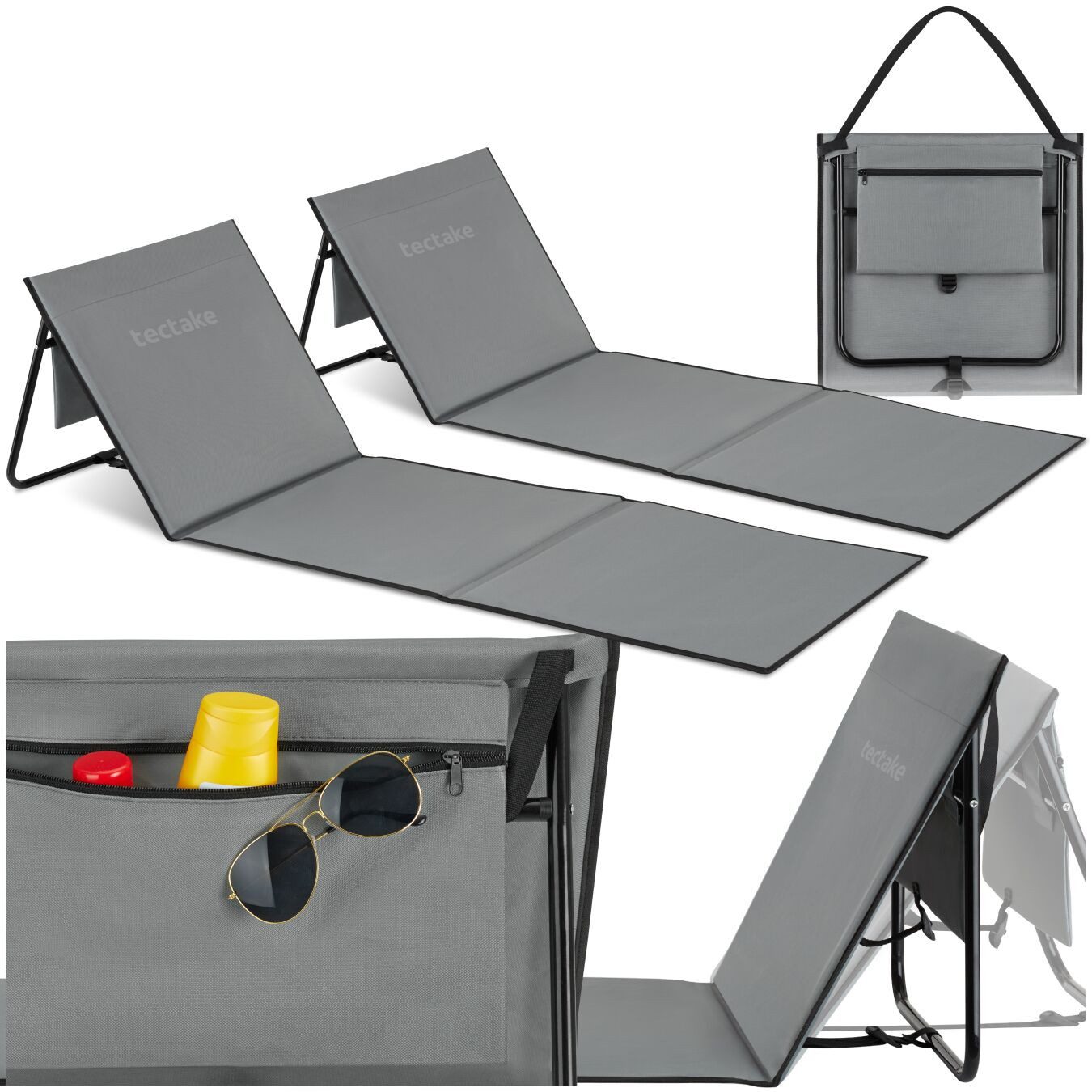tectake Gartenliege gepolsterte Strandmatte, mit Tragegurt, inkl. Aufbewahrungstasche, Balkonliege Mina, 2 St., für Außen in Grau/Blau, klappbar, pulverbeschichtetes Stahlgestell, ultraleicht, pflegeleicht