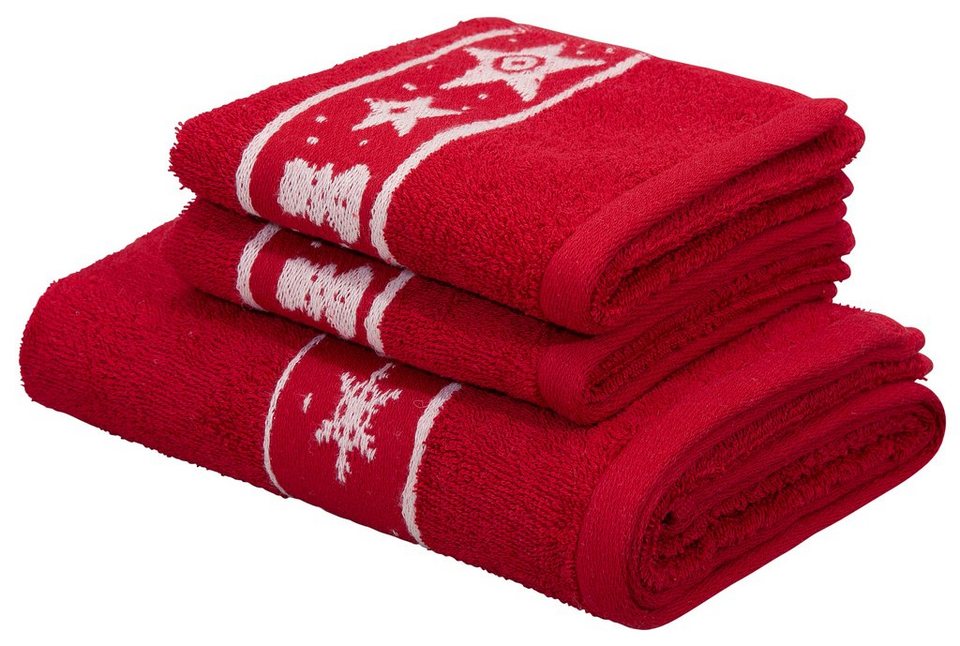 my home Handtuch Set Weihnachten, Walkfrottee, (Set, 3-tlg), mit Sternen &  Bordüre, weihnachtliches Handtuchset, 100% Baumwolle