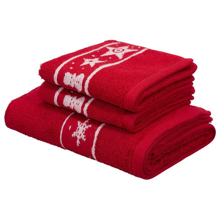 my home Handtuch Set Weihnachten Walkfrottee (Set 3-tlg) mit Sternen & Bordüre weihnachtliches Handtuchset 100% Baumwolle