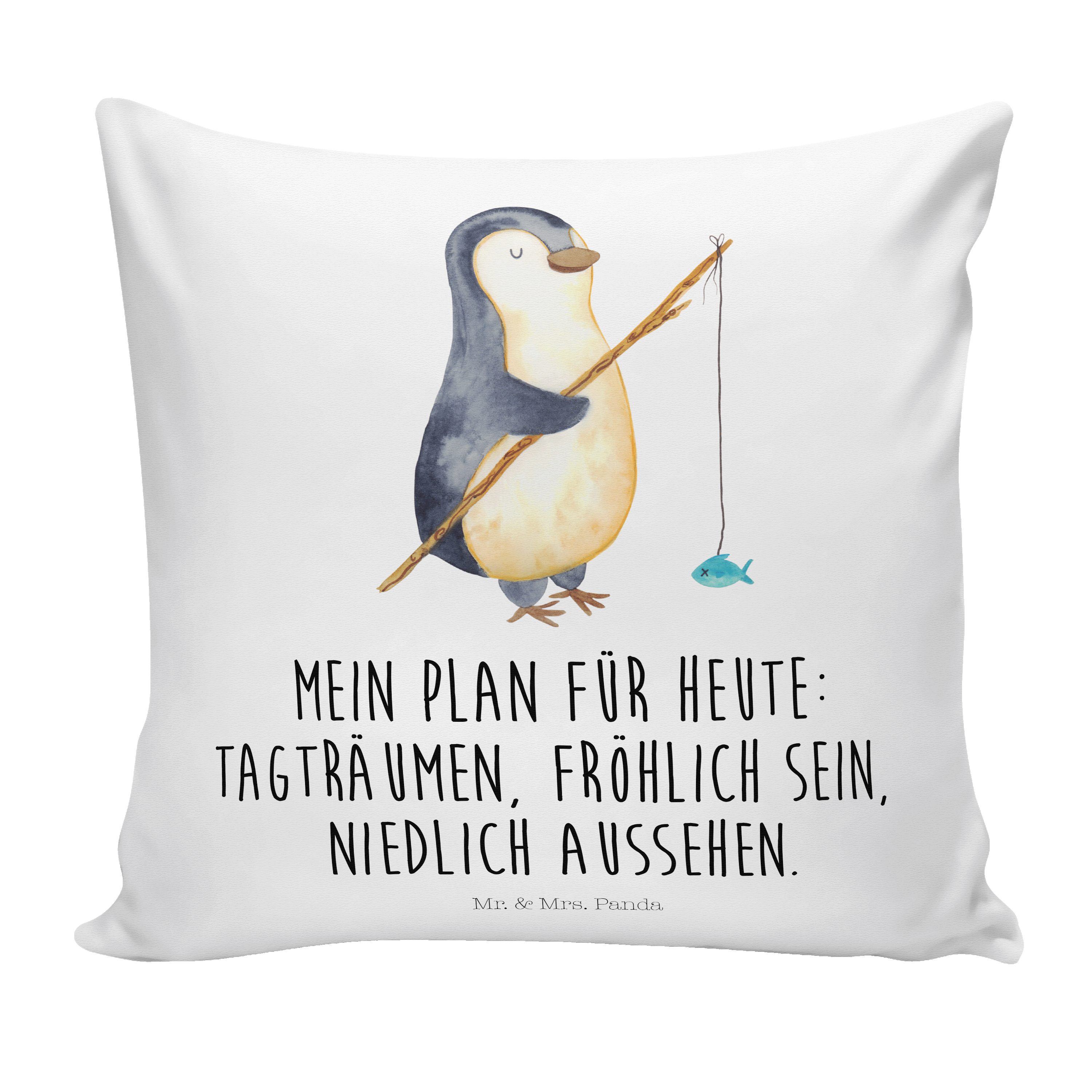 Mr. & Mrs. Panda Dekokissen Pinguin Angler - Weiß - Geschenk, Kopfkissen, Sofakissen, Angel, Deko