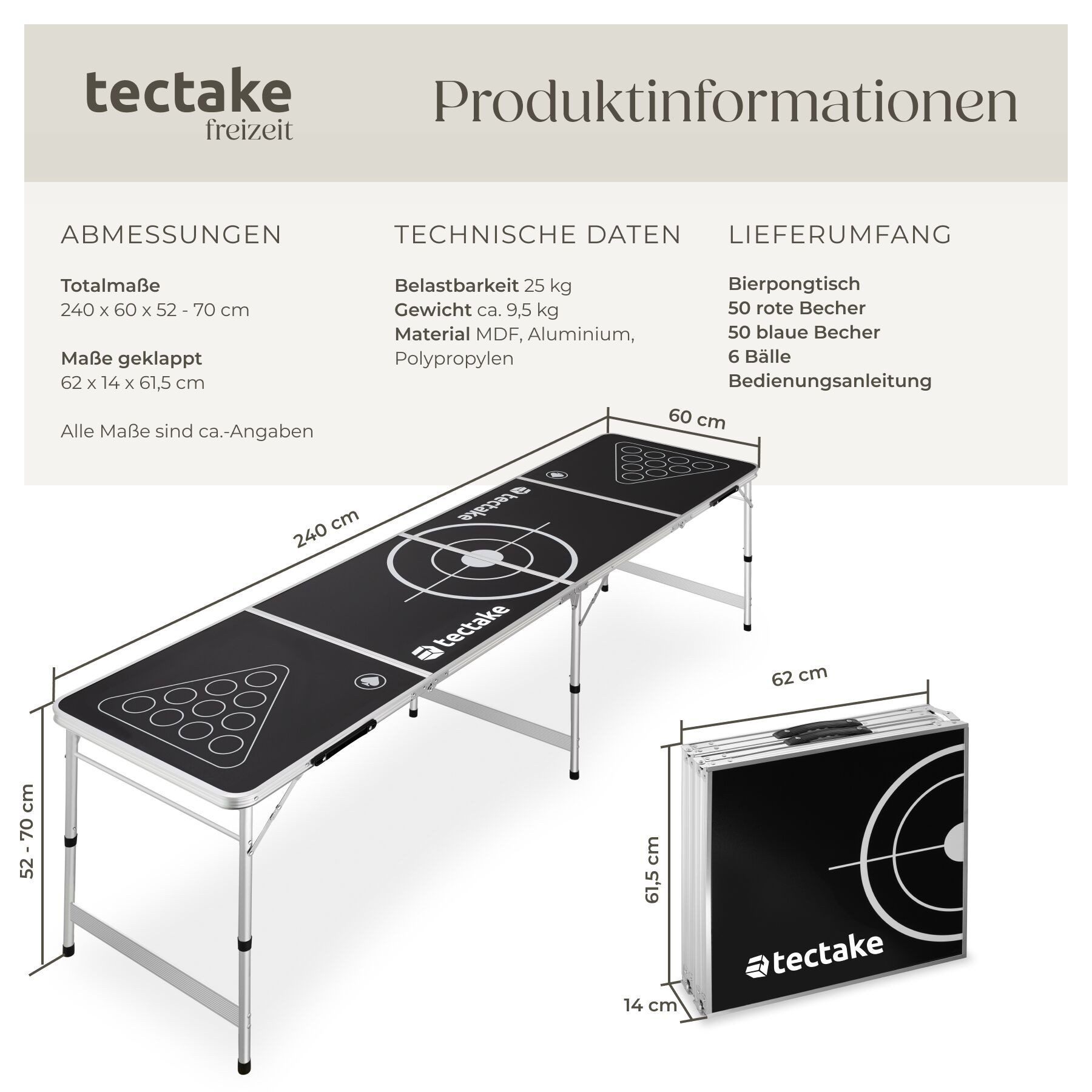 tectake Spieltisch Bierpong-Tisch, aus Aluminium