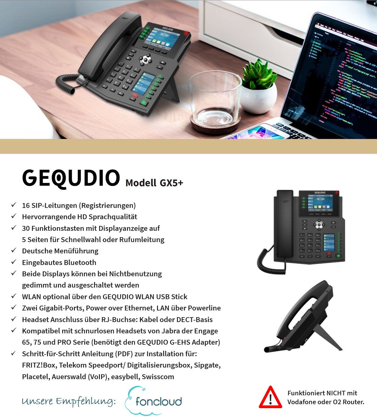 GEQUDIO GX5+ Kabelgebundenes Telefon (IP Tischtelefon mit Netzteil / 2x Farb-Display / HD Audio / Bluetooth)