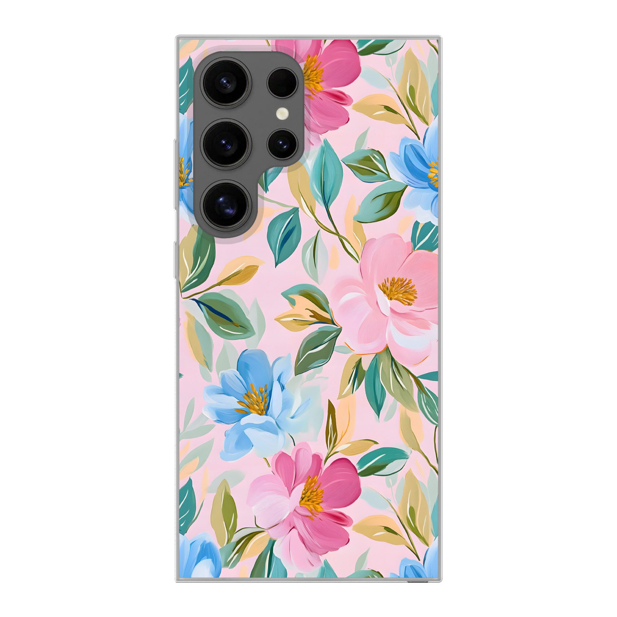 MuchoWow Handyhülle für Samsung Galaxy S24 Ultra Blau - Rosa - Blumen, Phone Case, Silikon, Schutzhülle Dünn