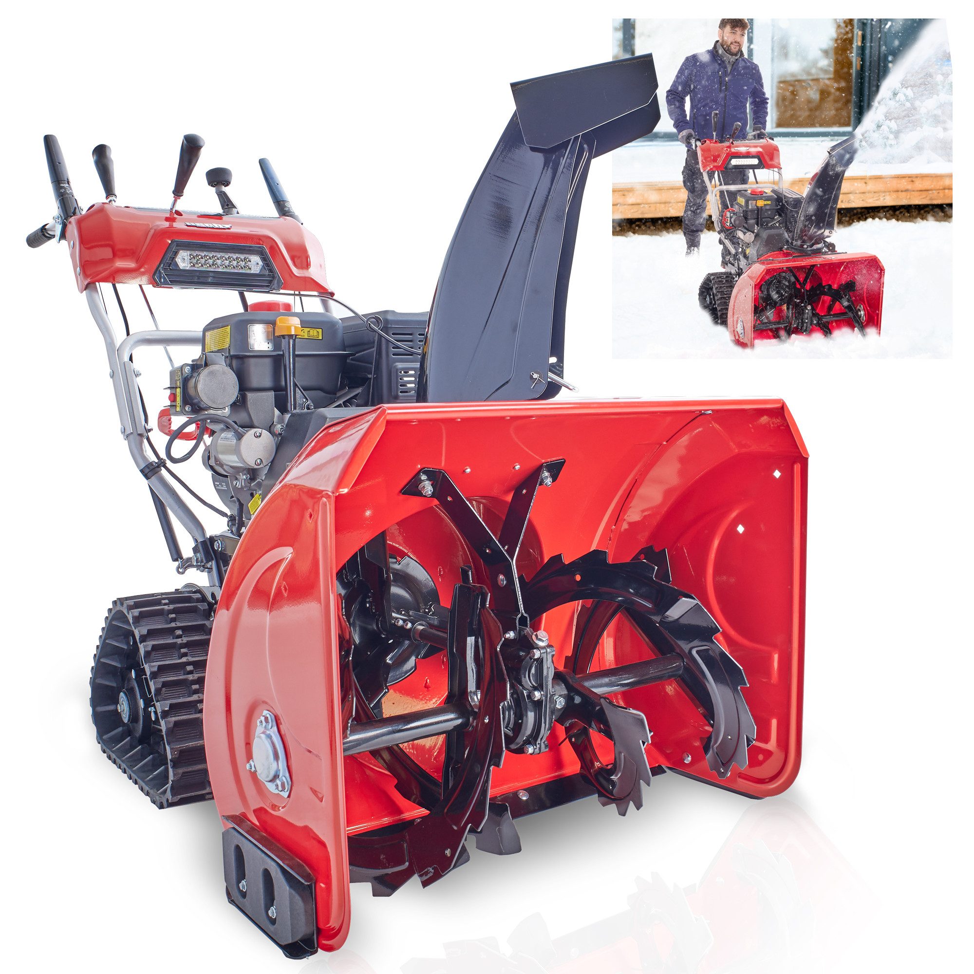 Hecht Benzin-Schneefräse mit Raupenantrieb Elektrostart LED-Scheinwerfer und Griffheizung, 66,50 cm Arbeitsbreite, 54 cm Arbeitshöhe - 7 PS - 8 Gänge