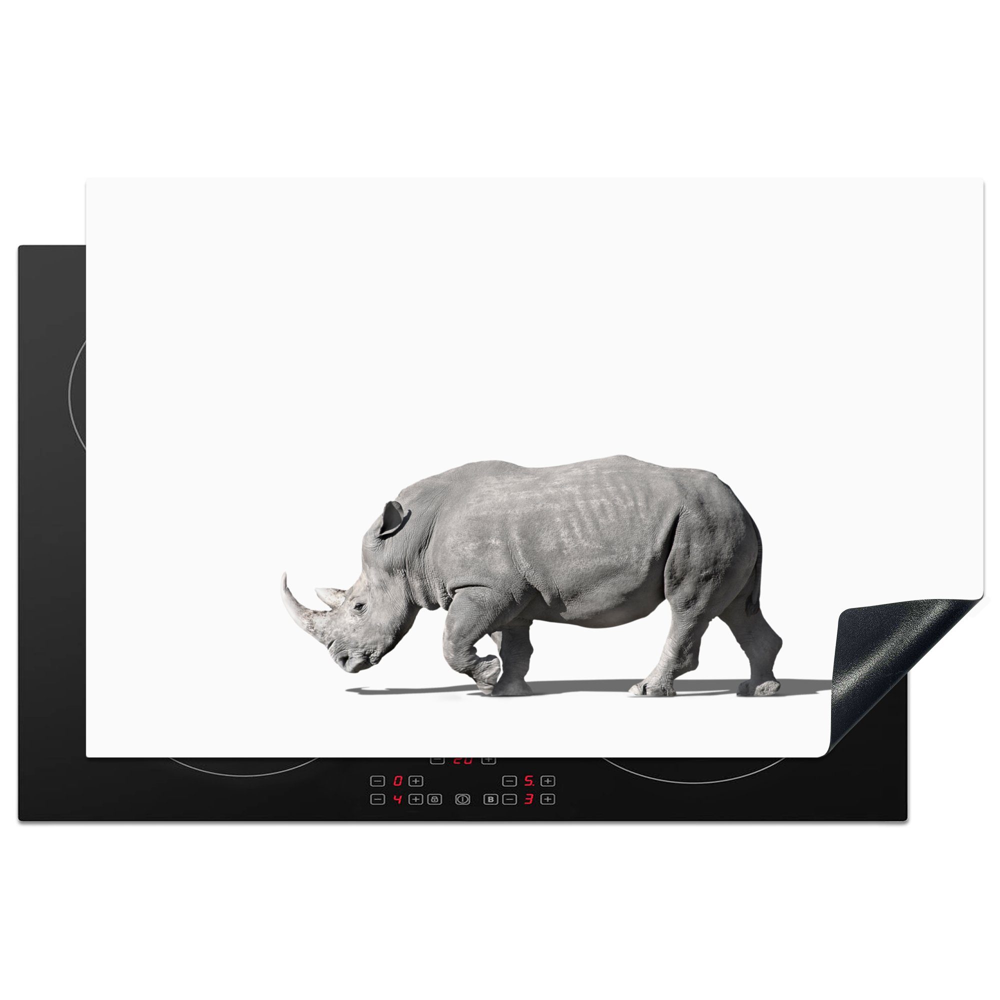 MuchoWow Herdblende-/Abdeckplatte Rhinozeros - Tiere - Weiß, Vinyl, (1 tlg), 81x52 cm, Induktionskochfeld Schutz für die küche, Ceranfeldabdeckung