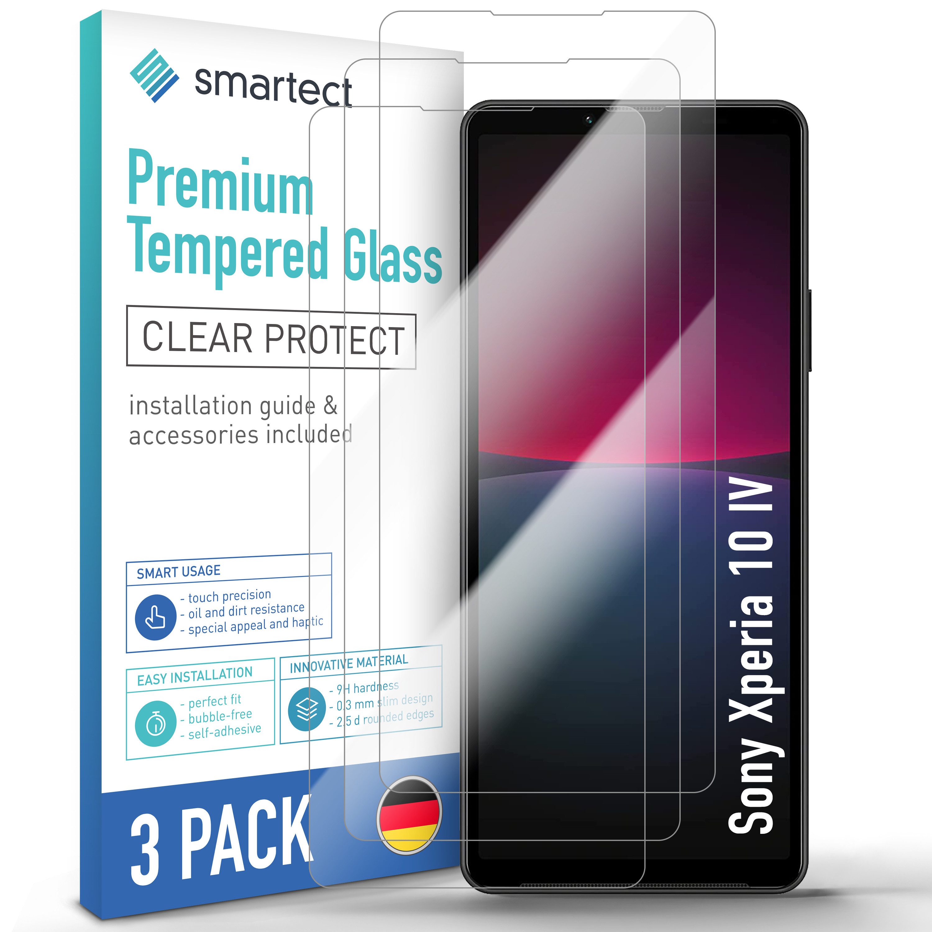 smartect Displayschutzglas 3X Schutzglas Panzerfolie Klar für Sony Xperia 10 IV für Sony Xperia 10 IV, Set, 3 Stück, 0.3 mm Ultra-klar, 9H Härte, Kratzfest, Stoßfest, Blasenfrei, Oleophob
