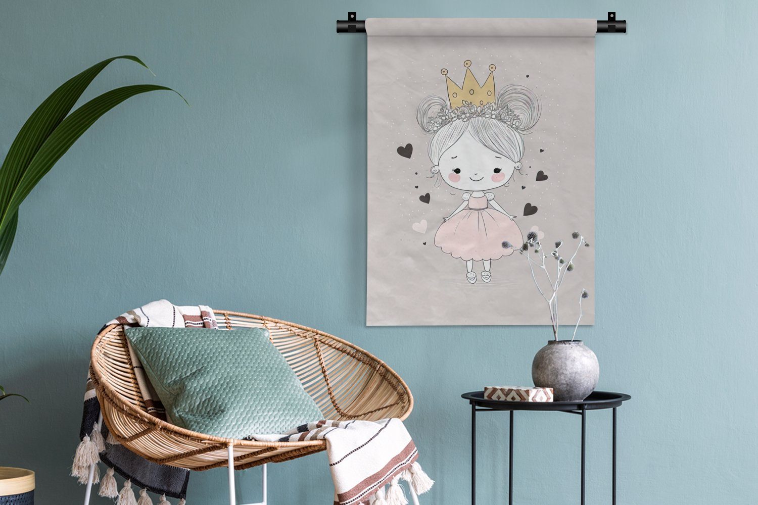 MuchoWow Wanddekoobjekt Prinzessin Rosa, Mädchen Wohnzimmer, - der für Schlafzimmer an - Wand, - Herzen Deko Tapisserie, Krone 