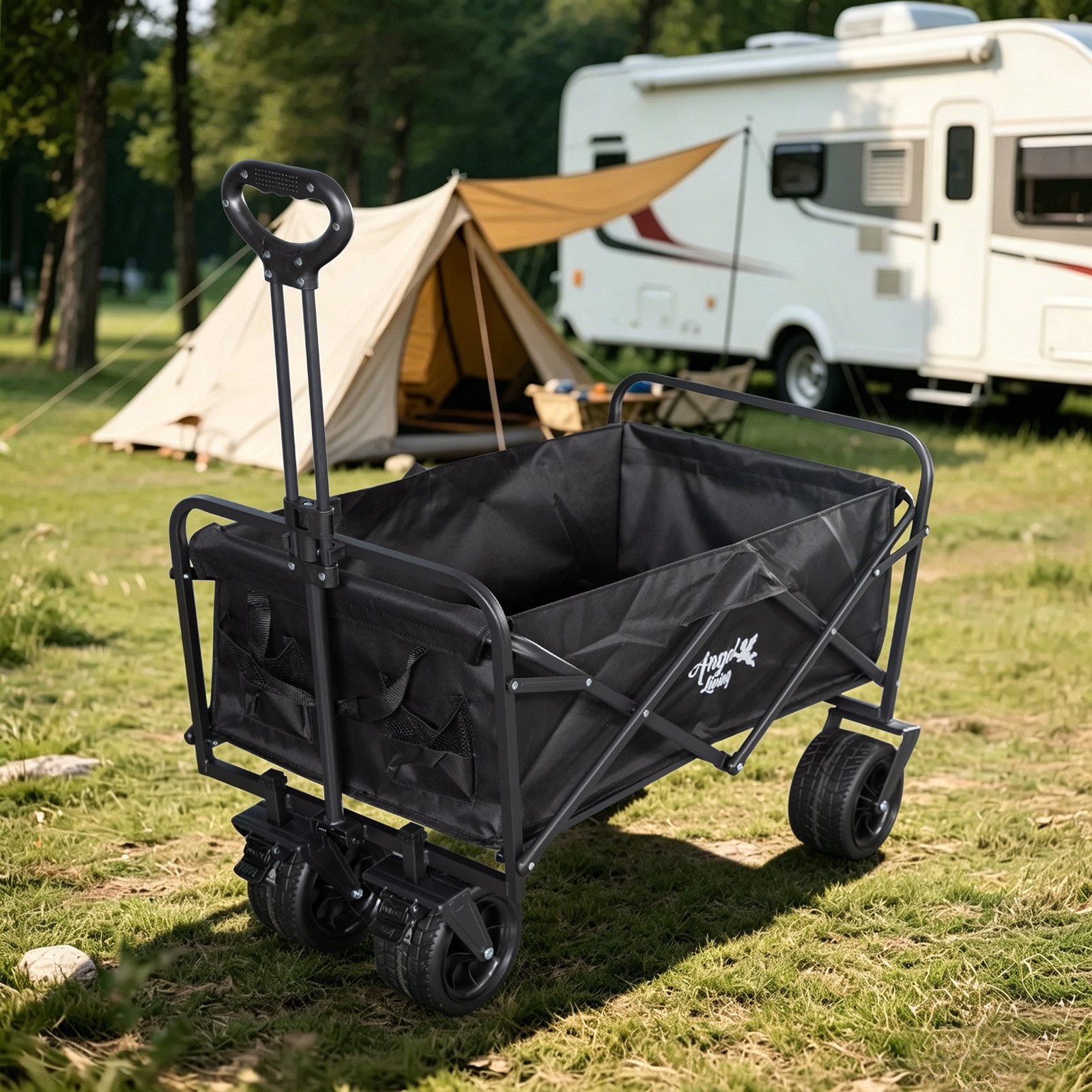 Angel Living Bollerwagen Klapp-Campingwagen, schwerlastgeeignet, 150 kg Tragfähigkeit (1-tlg), Carbon-Stahlrahmen, 600D Oxford-Stoff, Geländereifen & Getränkehalter