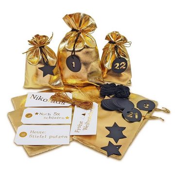 Frau WUNDERVoll Kalender zum Selbstbasteln Adventskalender Schneeflöckchen Beutel Gold-Metallic Ziffern Schwarz