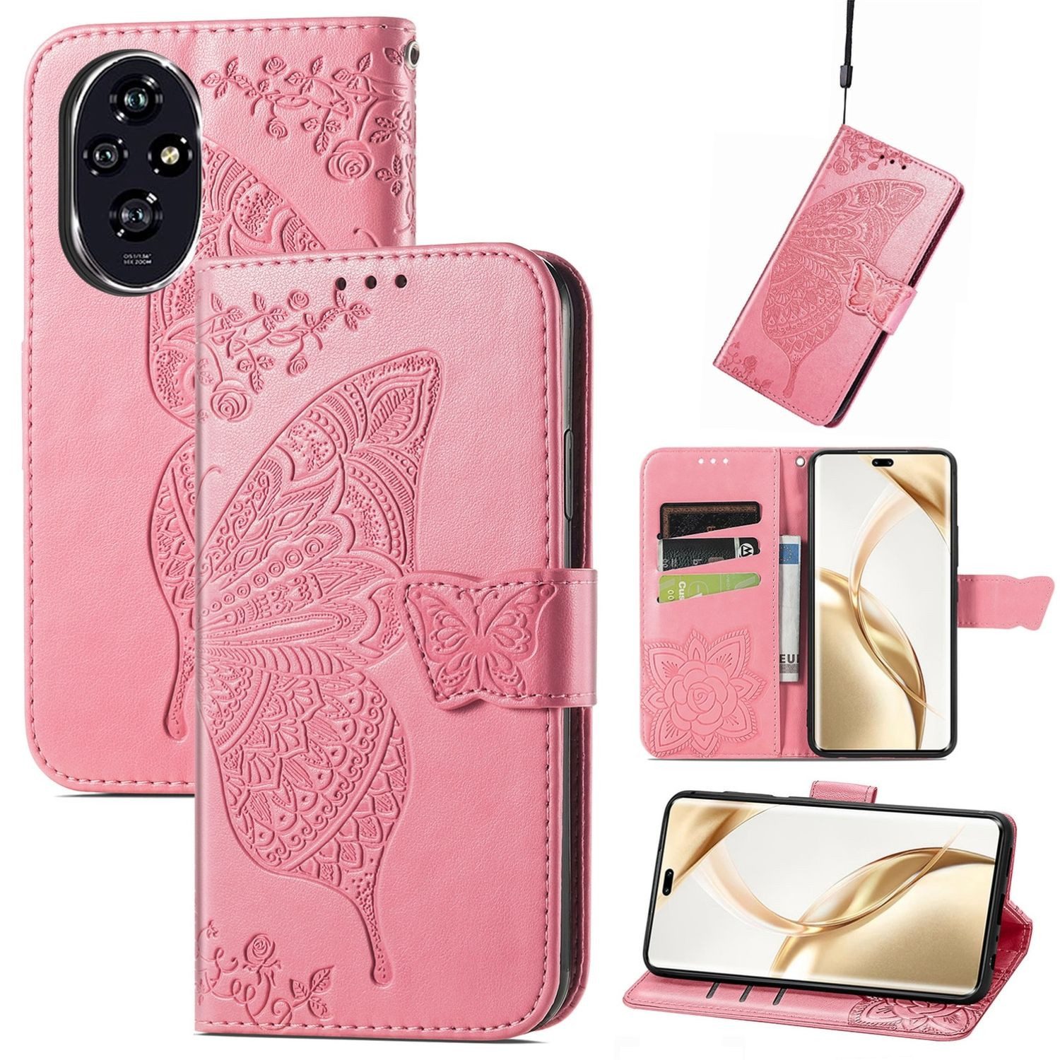 Wigento Smartphone-Hülle Für Honor 200 Pro Kunstleder Wallet Tasche Design Schmetterling Pink, Kunst-Leder Schutzhülle Smart Case Cover magnetischer Verschluss