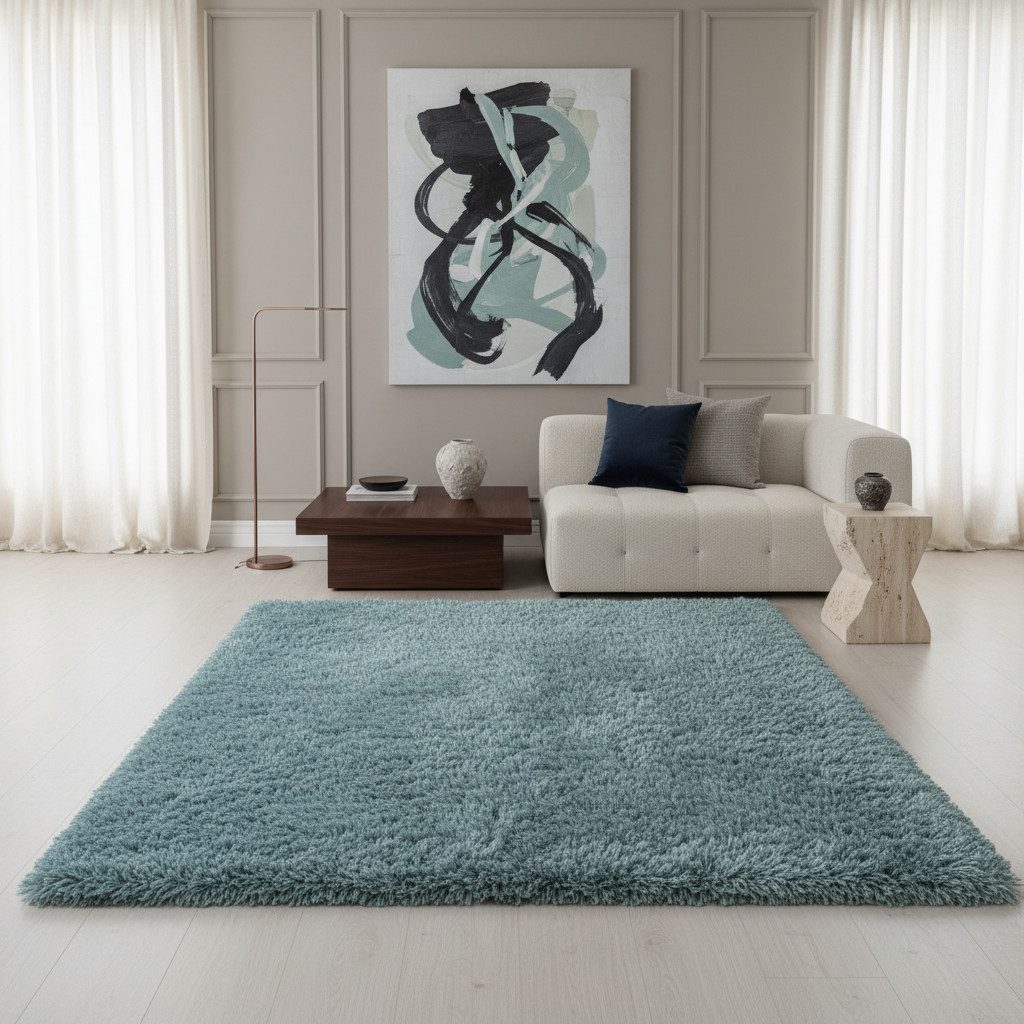 KADIMA DESIGN Teppich SALZACH Shaggy Langflor Wohnzimmer Schlafzimmer Waschbar Esszimmer, Läufer, Höhe: 52 mm, Blau, 80x150 cm, Wohnzimmerteppich Strapazierfähig Waschbar