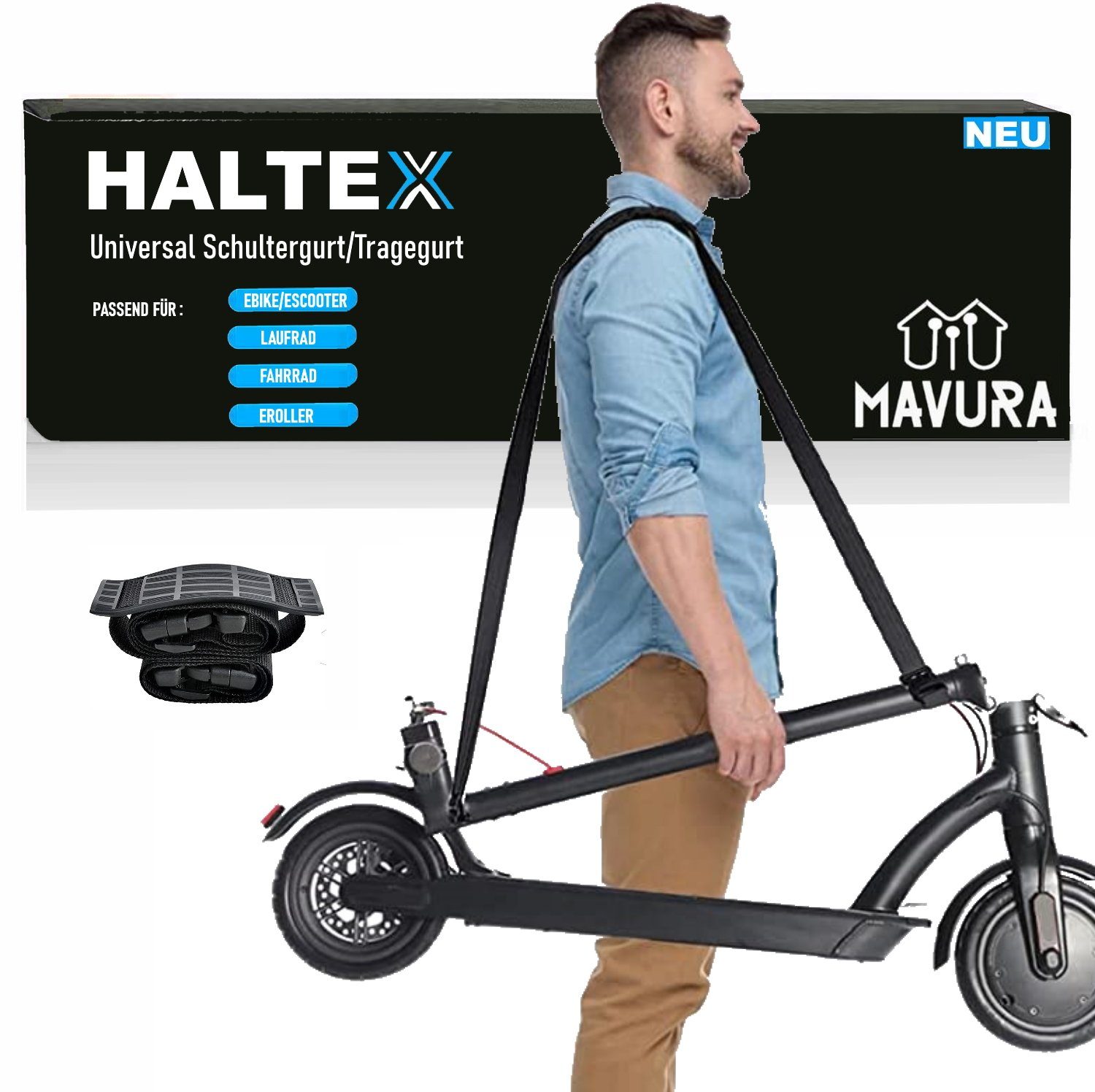 MAVURA Tragegurt HALTEX Universal Schultergurt Tragegurt Laufrad Scooter  Fahrrad, E-Bike E-Scooter Roller verstellbar mit Schulterpolster