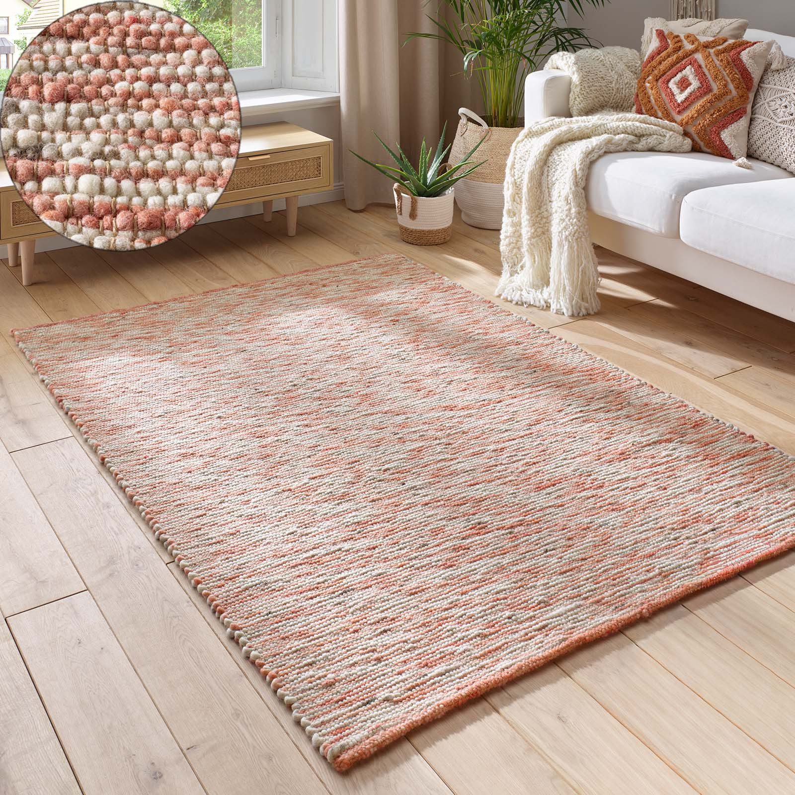 TaraCarpet Wollteppich TaraCarpet Elmstein handgewebter Schurwollteppich aus gewalkter Wolle, rechteckig, Höhe: 9 mm, Handgewebt Teppich rot gestreift Wohnzimmer Schlafzimmer 070x130 cm