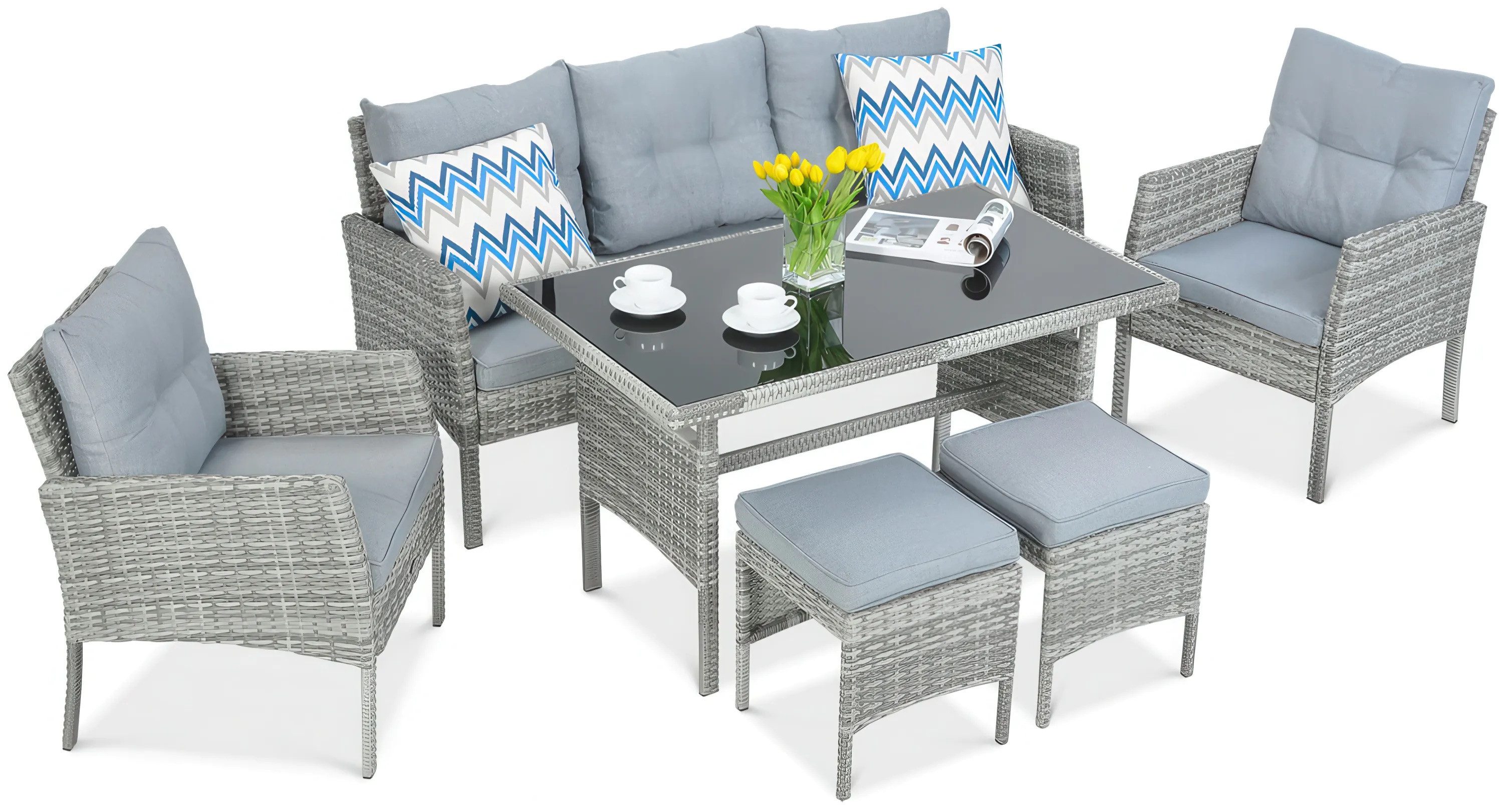 Focus Garden Gartenlounge-Set "CORTINA" Polyrattan mit Tisch + Hocker, Witterungsbeständig, (7-tlg), für bis zu 7 Personen, mit Kissen, Gartenmöbel-Set