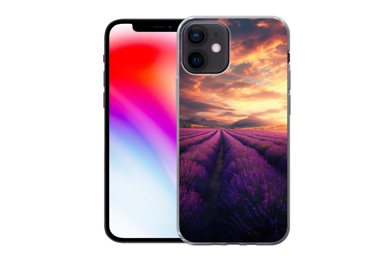 MuchoWow Handyhülle für Apple iPhone 12 Lavendelfeld - Sonnenuntergang - Lila, Smartphone-Bumper, Print, Handy Schutzhülle Dünn
