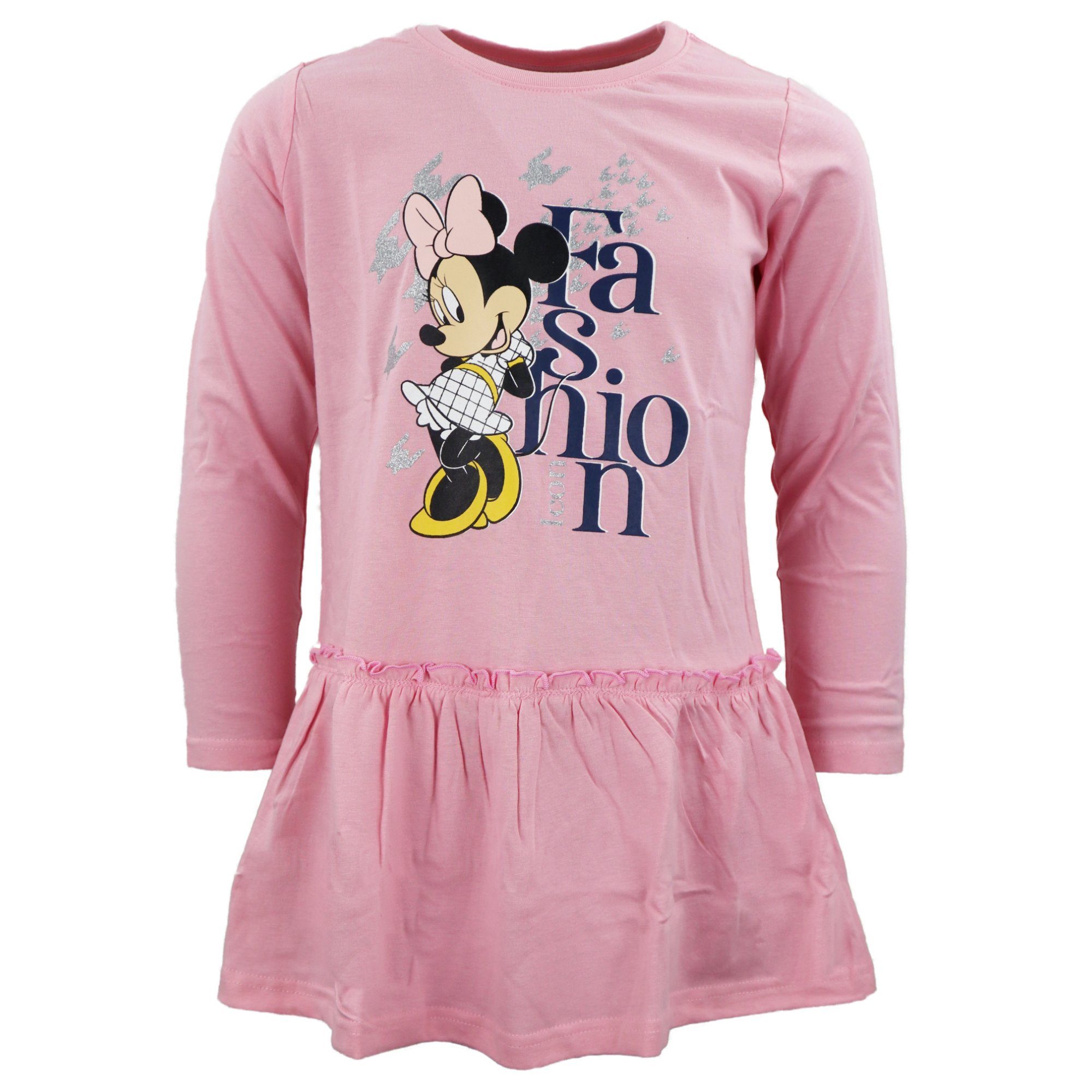 100% langarm Disney bis 128 92 Baumwolle Gr. Disney Minnie Glitzer Kleid Rosa Kinder Maus Partykleid
