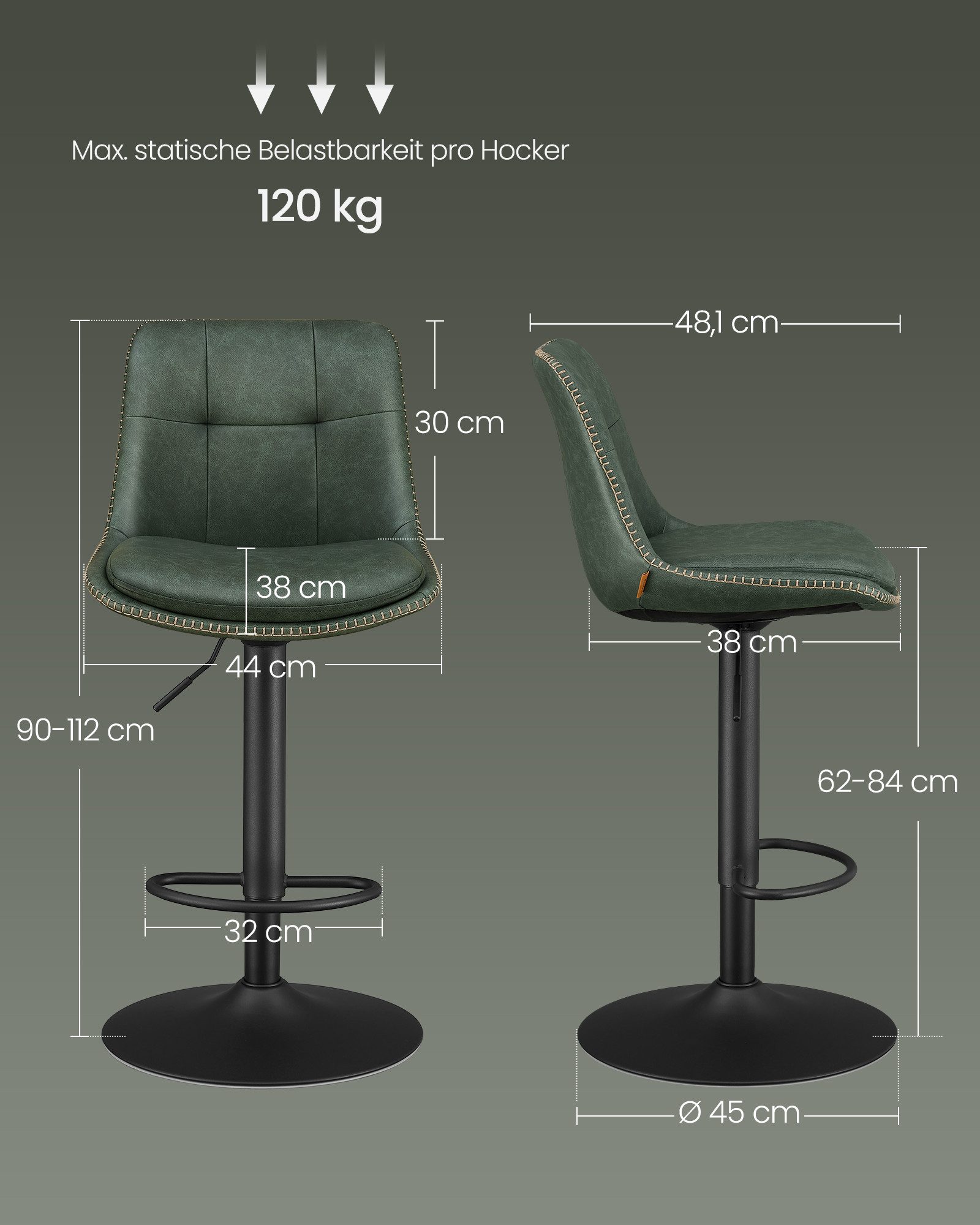 VASAGLE Barhocker Barstühle (Set, 2 St), höhenverstellbar, drehbar