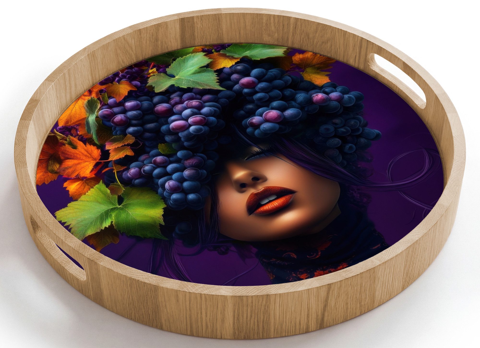 OnlyWow Tablett Rund mit Henkel Frau - Lila - Weintrauben, Eichenholz, (1-tlg), Siervierplatte, Tray, Frühstücksbrett