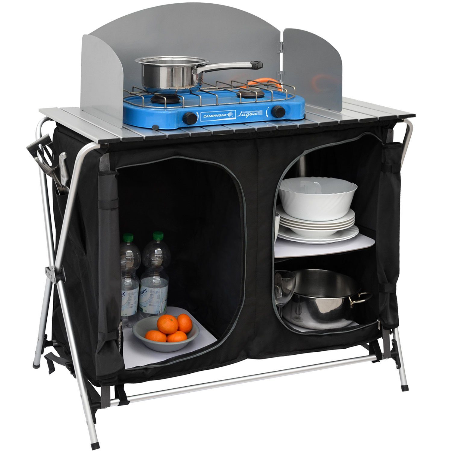 Stoffschrank Campingküche Alu 88x47cm YU-124 mit Windschutz und 3 Böden