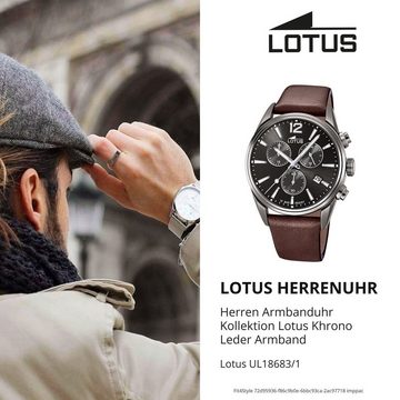 Lotus Quarzuhr LOTUS Herren Uhr Sport 18683/1 Leder, (Analoguhr), Herrenuhr rund, groß (ca. 42mm) Lederarmband braun