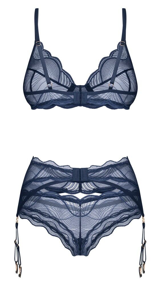 Obsessive Set: Bügel-BH Nightly Blue Dessous-Set: BH, String & Strapsgürtel - blau (3-tlg) Transparente filigrane Spitzen-Optiken