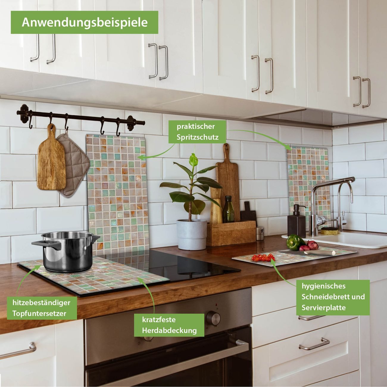 banjado Herd-Abdeckplatte zweiteilig aus Glas mit Motiv Grüne Fliesen, (gehärtet, 2 tlg., inkl. selbstklebende Gummifüßchen)