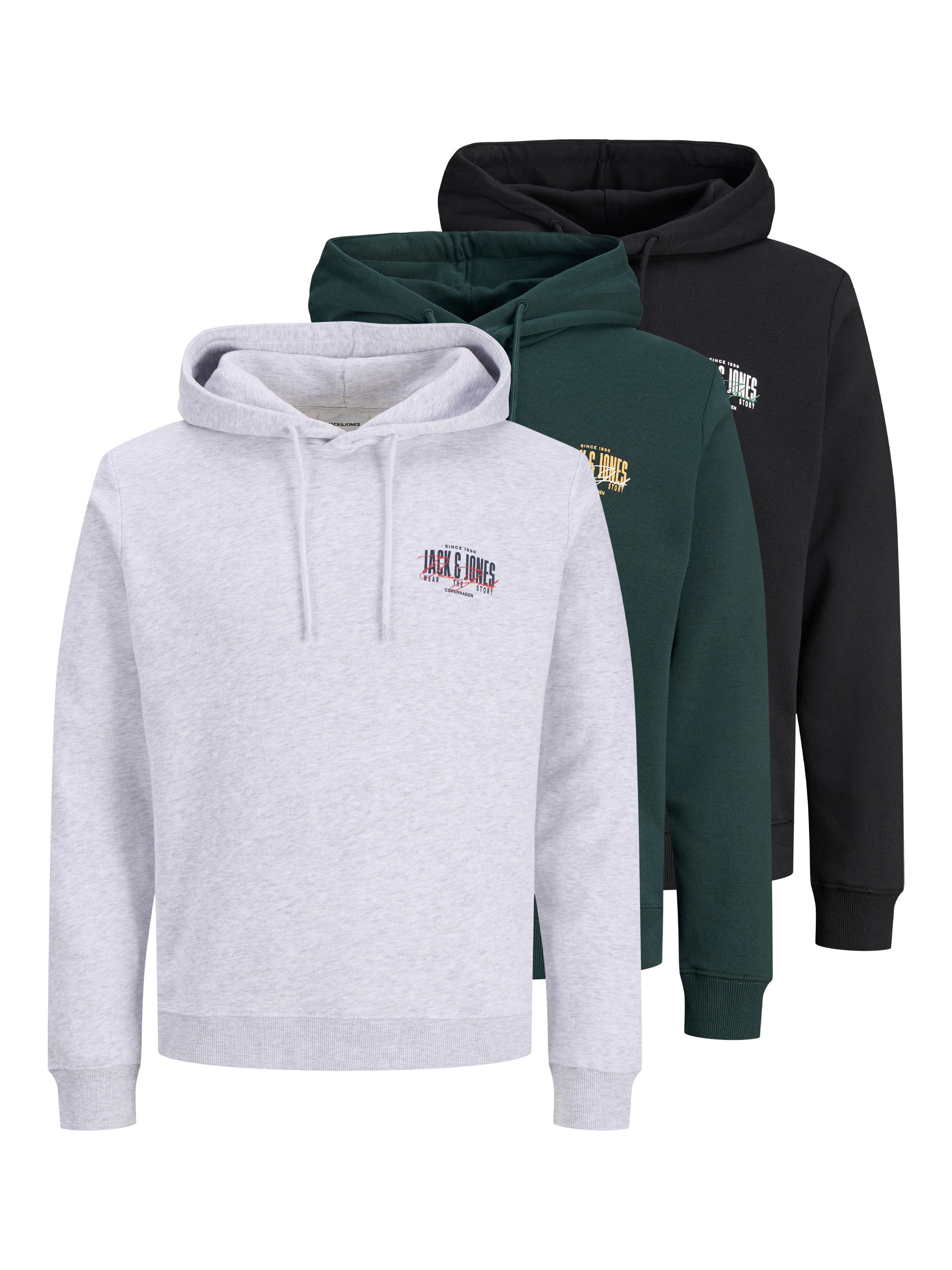 Jack & Jones Kapuzensweatshirt JJAERO SWEAT HOOD 3PK MP (Packung, 3-tlg) Materialmix, regular fit
