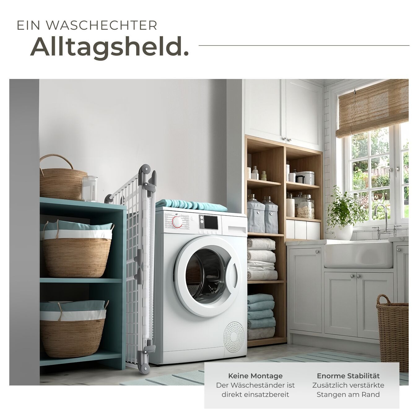 tectake Flügelwäschetrockner Klappbarer Wäscheständer mit bodenschonenden Füßen am Gestell, Insgesamt 18 m Trockenlänge, 2 Kleinteilehalter, hohe Seitenflügel – Bild 4 von 5