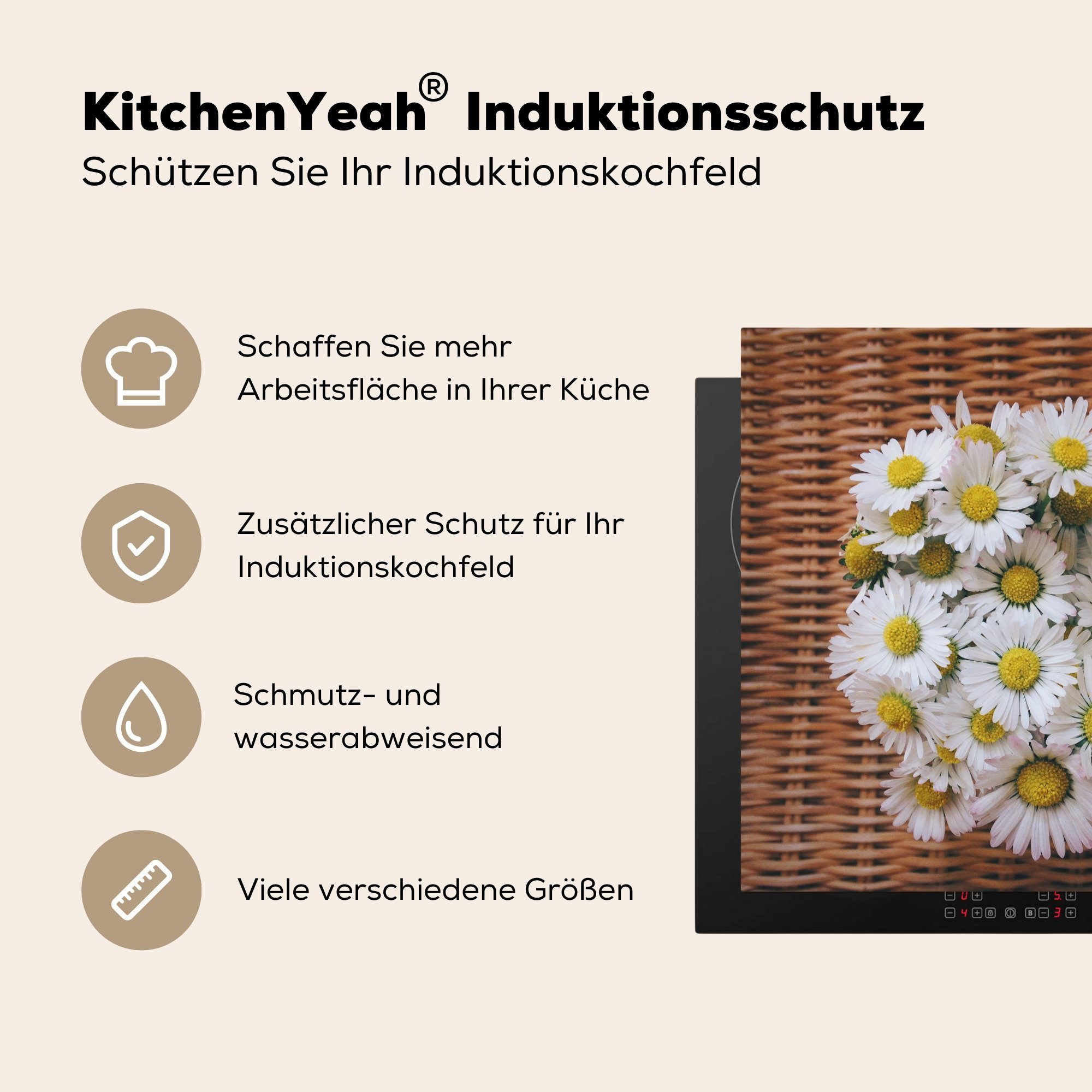 MuchoWow Herdblende-/Abdeckplatte Buch mit für küche tlg), (1 Gänseblümchen auf Arbeitsplatte 78x78 cm, einem Ceranfeldabdeckung, Stuhl, Vinyl