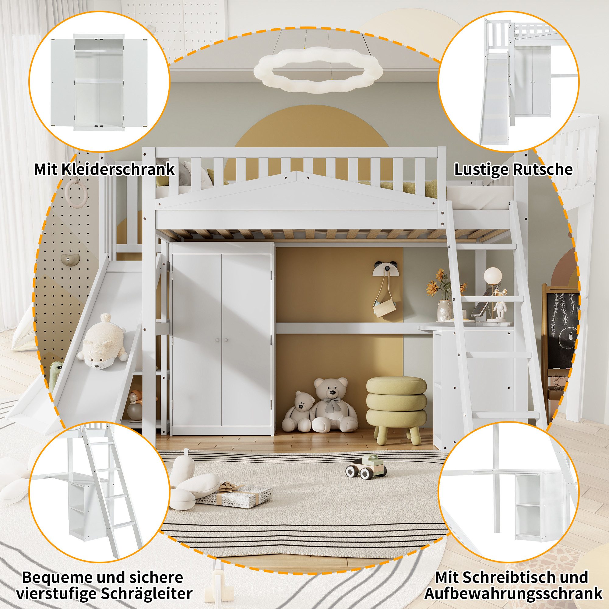 Merax Hochbett (Kieferholz Etagenbett Jugendbett Einzelbett mit Fallschutzgitter, 1-St) Kinderbett 90x200cm mit Schreibtisch Rutsche Kleiderschrank & Regalen
