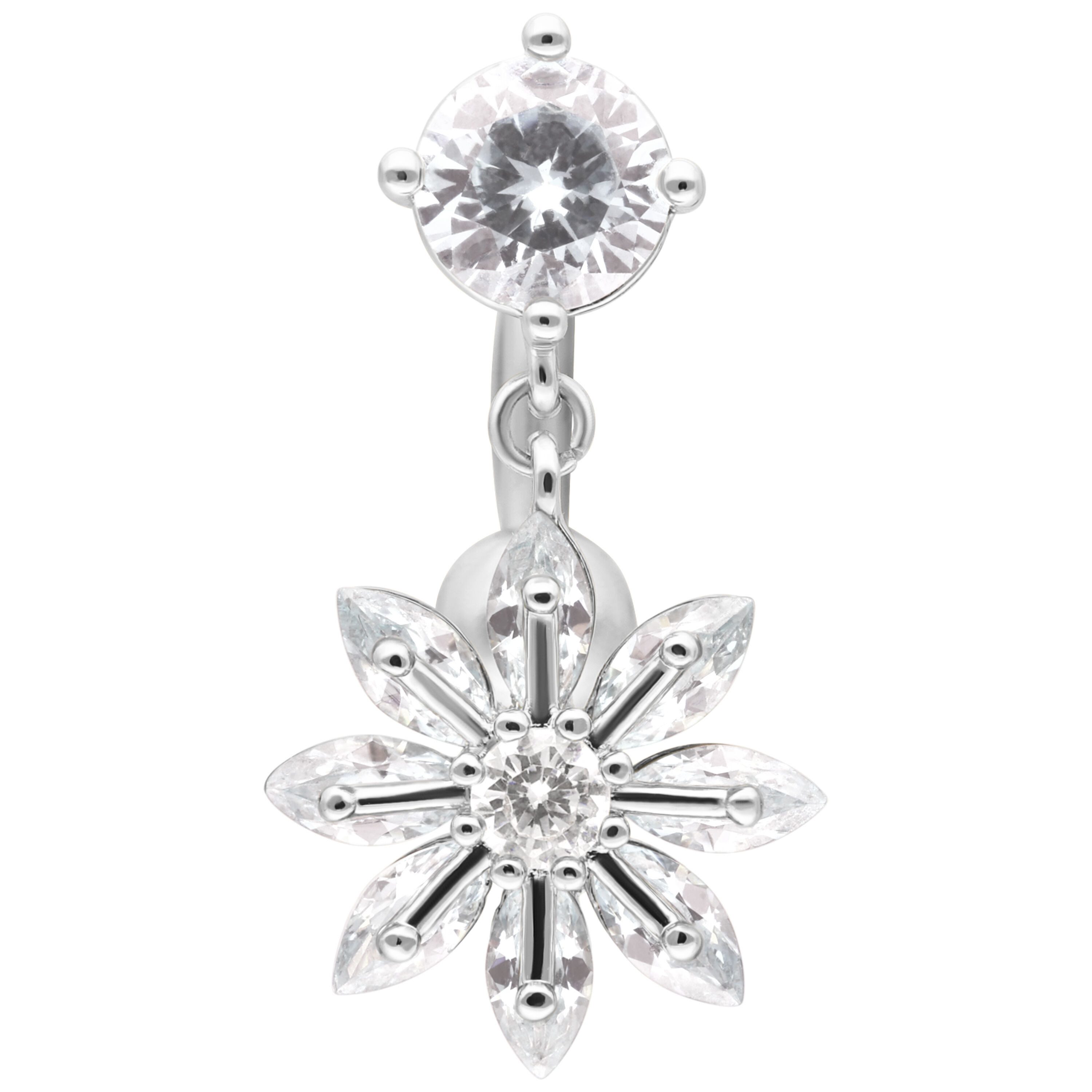 Wildcat Bauchnabelpiercing Dangling Flower Bananabell für Bauchnabel, 1 Stück, Titan Grad 23 - wasserfest, hautverträglich, Silber-Kristallklar