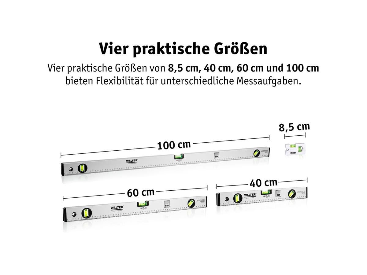 WALTER Wasserwaage 40, 60, 100 cm+ Mini, Mit 3 Libellen für präzise Messungen, angenehme Handhabung
