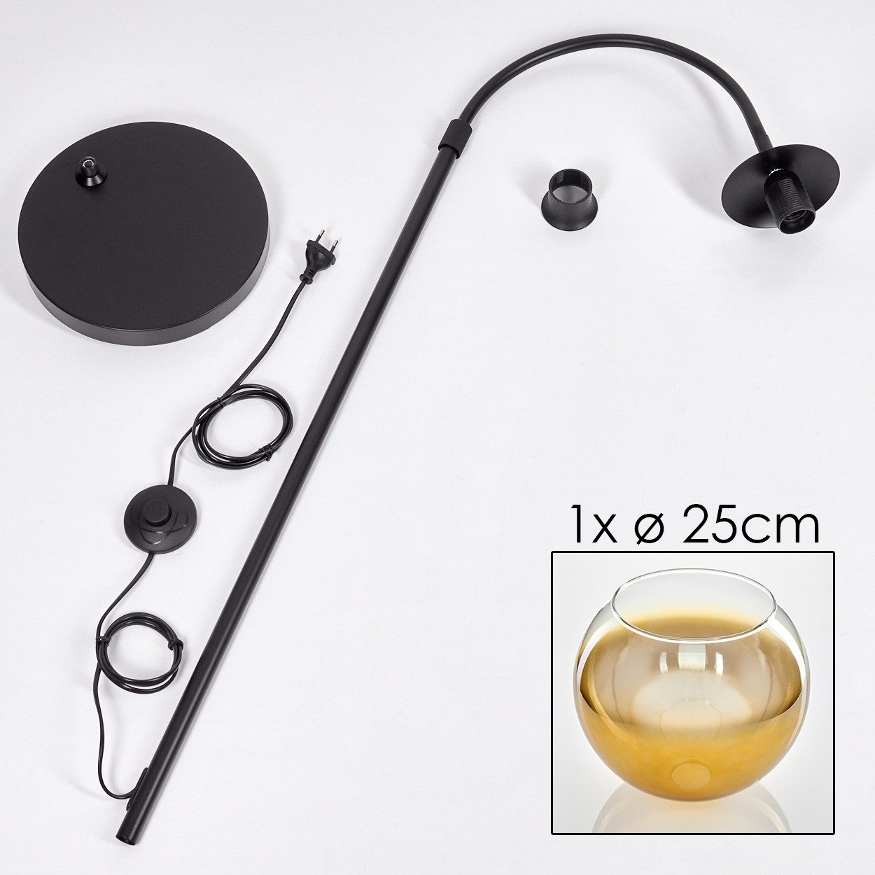 hofstein Bogenlampe Stehlampe aus Metall/Glas in Schwarz/Gold/Klar, ohne Leuchtmittel, moderne Retro Leuchte mit Glasschirmen (25 cm) u. Fußschalter, 1xE27 – Bild 5 von 5