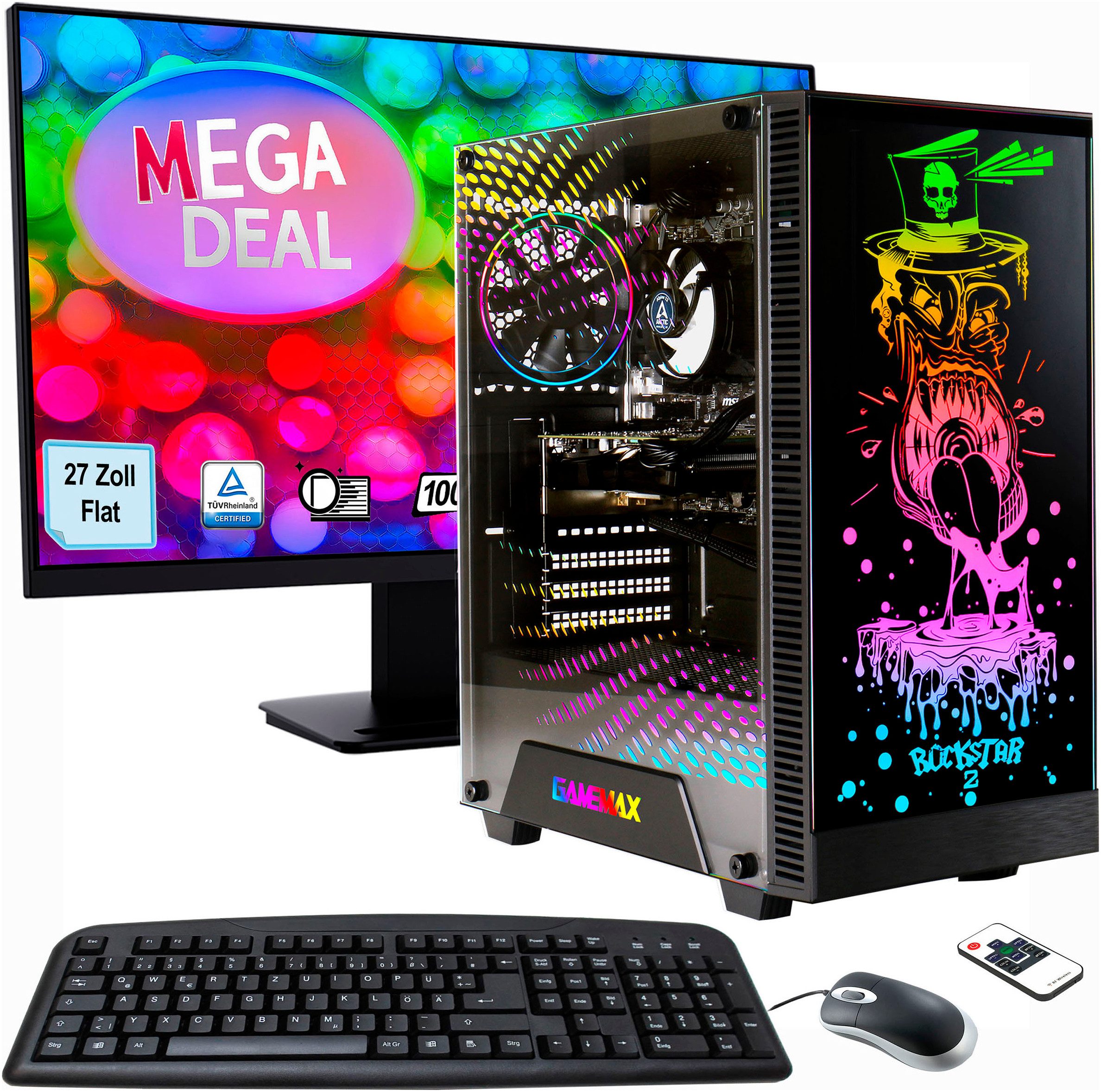 GAMEMAX MegaDeal Gaming-PC-Set Rockstar PC-Komplettsystem (27", AMD Ryzen 7 5700X, GeForce RTX™ 4060, 32 GB RAM, Windows 11 + MSI PRO MP273A Monitor, 69cm (27) + Maus & Tastatur)