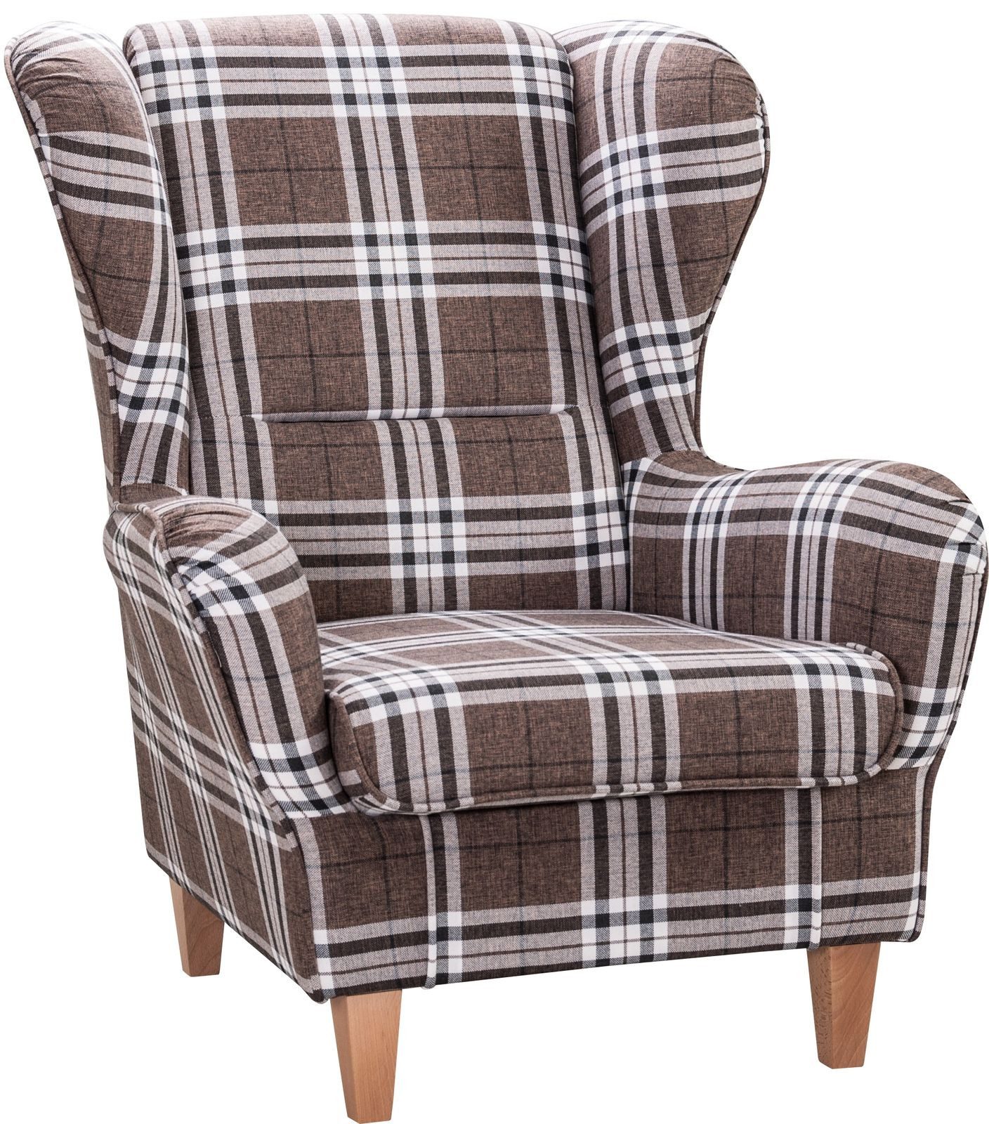 Supellex Ohrensessel Sofia Relaxsessel mit Hocker – Oxford kariert Braun