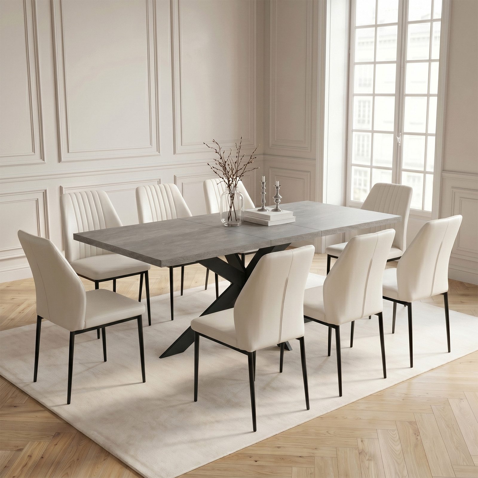 Jiexi Essgruppe Tisch-und Stuhlset, Ausziehbarer Esstisch (160–200 cm) mit 6-8 Stühlen