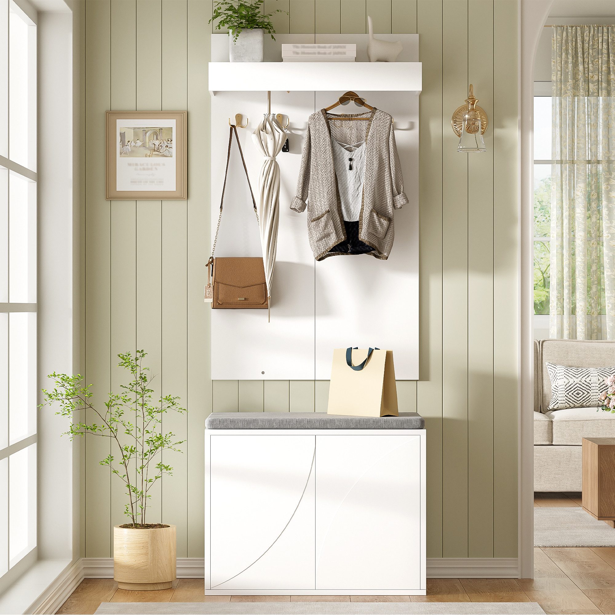 Flieks Garderoben-Set Kompaktgarderobe Kleiderständer mit 4 Haken, Schuhbank mit Kissen, (Set, 2-St., 60×35×(45+100) cm), Garderobenständer Schuhschrank Kleiderständer Weiß