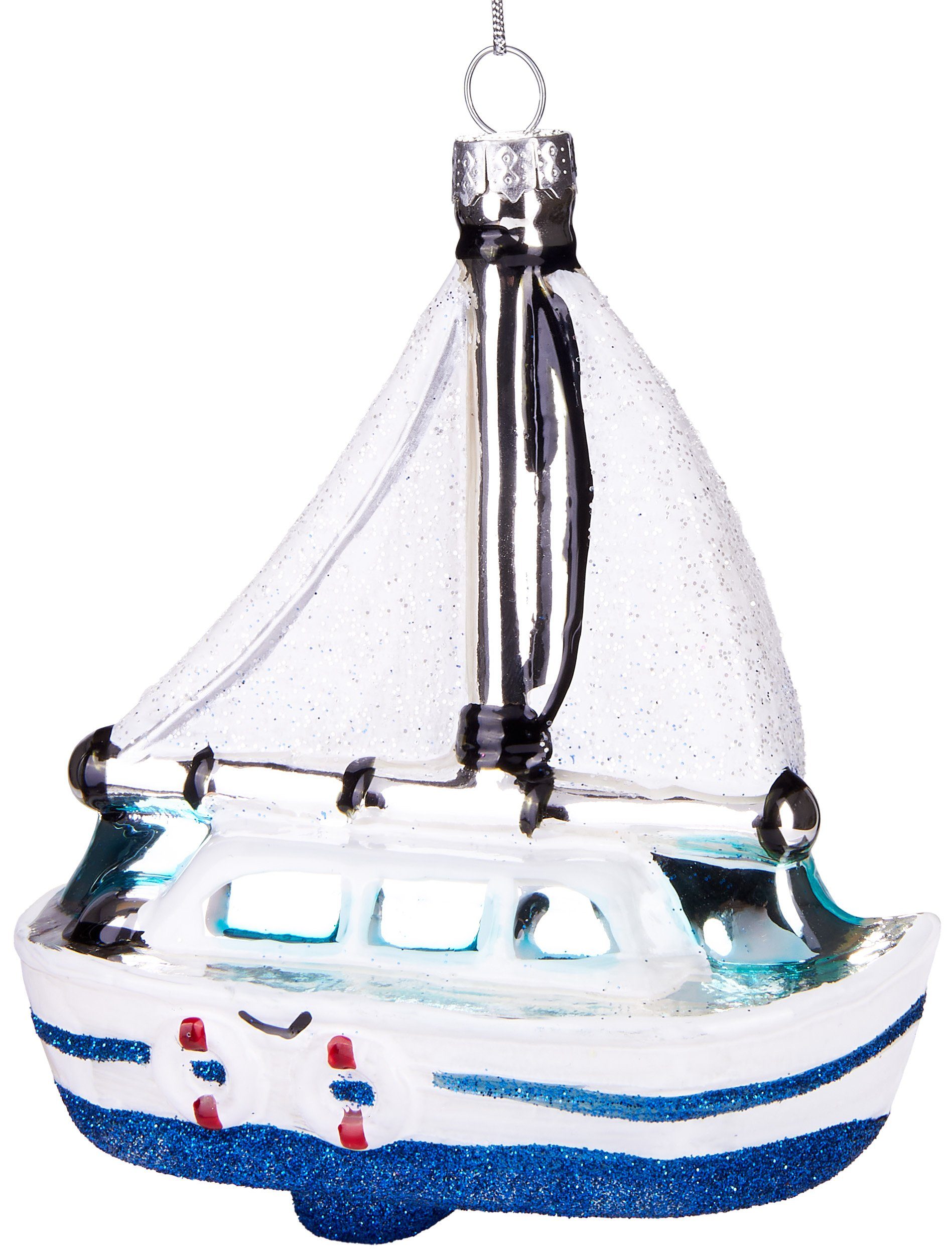 BRUBAKER Christbaumschmuck Mundgeblasene Weihnachtskugel Weißes Segelboot, maritimer Weihnachtsanhänger aus Glas, handbemalt - 12 cm