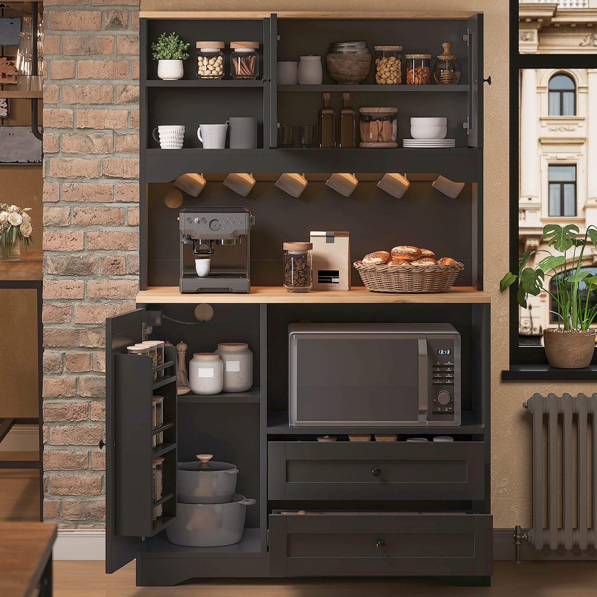 Flieks Küchenbuffet Hochschrank mit LED-Beleuchtung, Steckdosen, 6 Haken, Türablagen (Ladefunktion, verstellbare Einlegeböden, 1-St., B100xT40xH163 cm) Küchensc – Bild 2 von 5