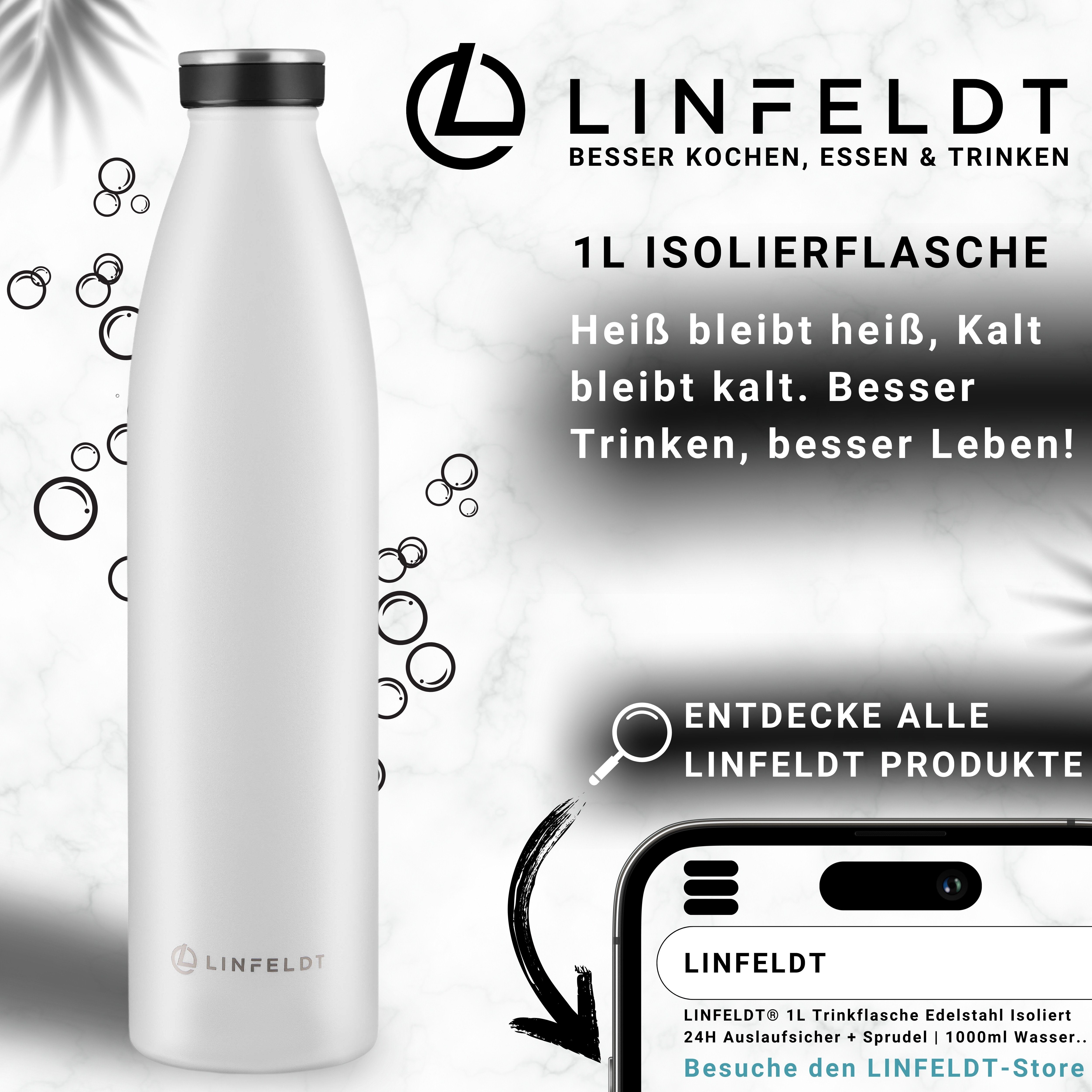 + Trinkflasche Trinkflasche Sprudel, Weiß (Kohlensäure Isoliert 1L 24H Edelstahl geeignet) Auslaufsicher Edelstahl LINFELDT
