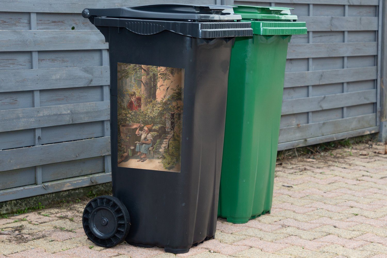 Illustration Mülltonne, Sticker, eines Gartenzwergs Abfalbehälter Container, St), Mülleimer-aufkleber, Wandsticker MuchoWow (1